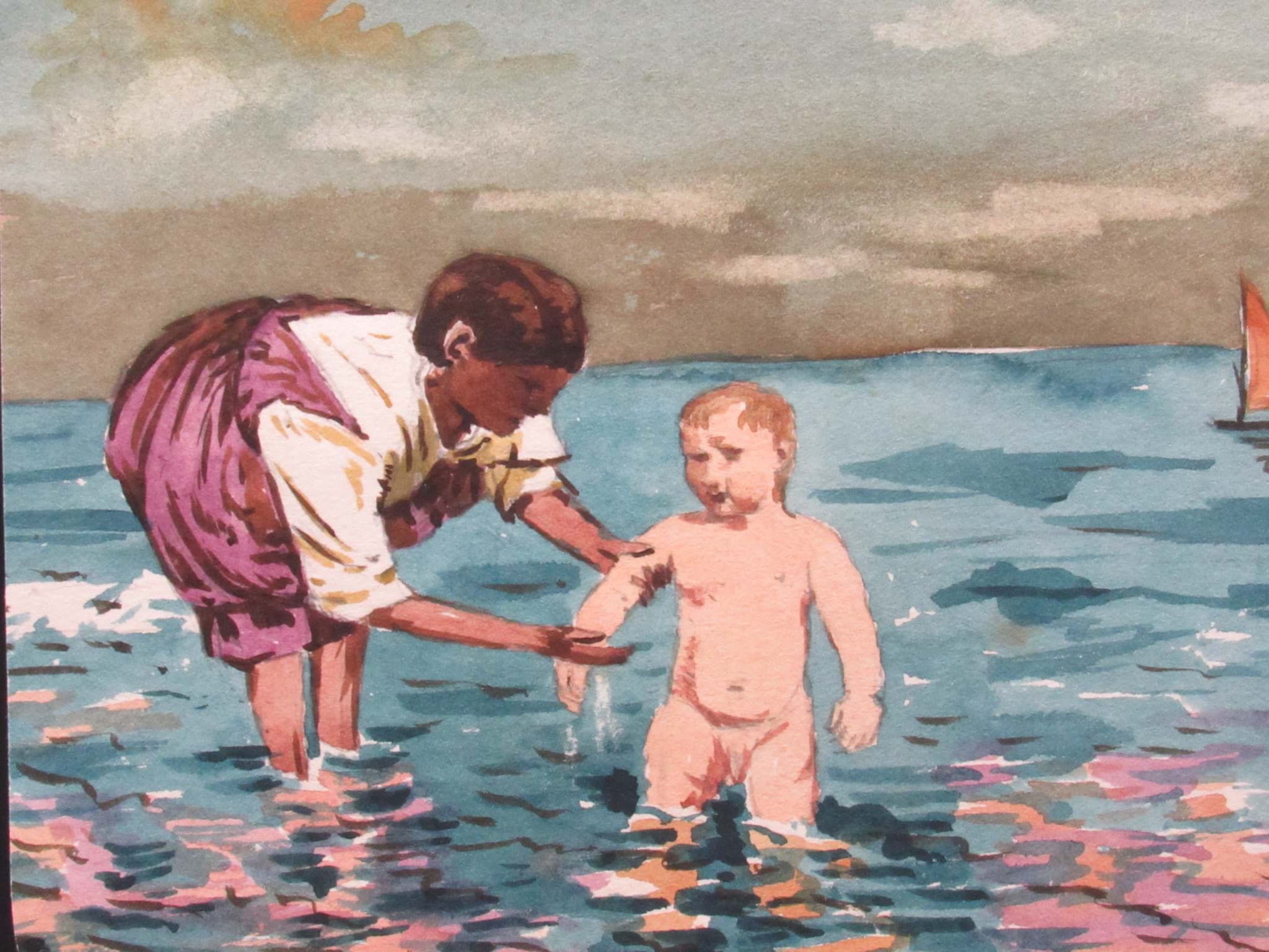 Afbeelding van Expressives Aquarell, Strandszene Mutter mit Kleinkind