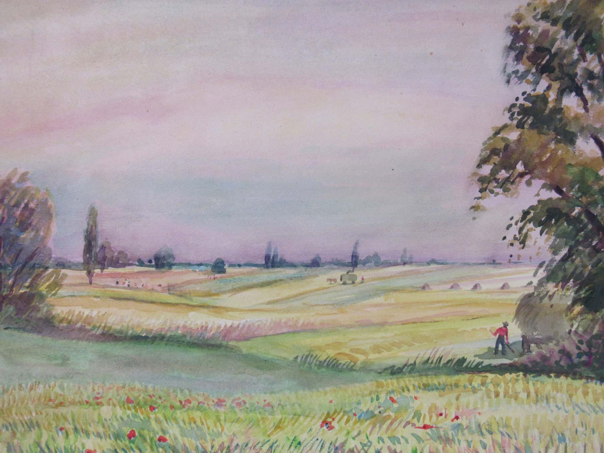 Bild av Aquarell Fritz Lederle (1901-1975), Pfälzer Landschaft Heuernte im Grün, Pfälzer Maler
