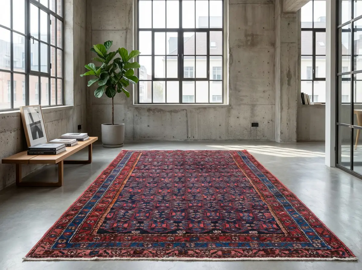 Großer, klassischer Orientteppich mit roten und blauen Mustern auf einem grauen Betonboden in einem hellen Industrie-Loft mit großen Sprossenfenstern.