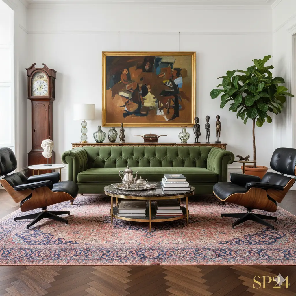 Elegantes Interieur mit Antiquitäten, Teakholzmöbeln und antikem Serapi Teppich