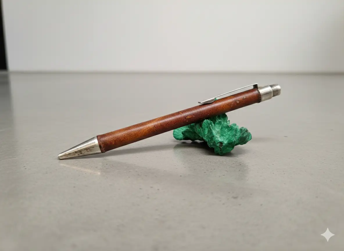 Brauner Druckbleistift aus Holz mit silbernen Details, der schräg auf einem grünen Malachit-Stein auf grauem Untergrund liegt