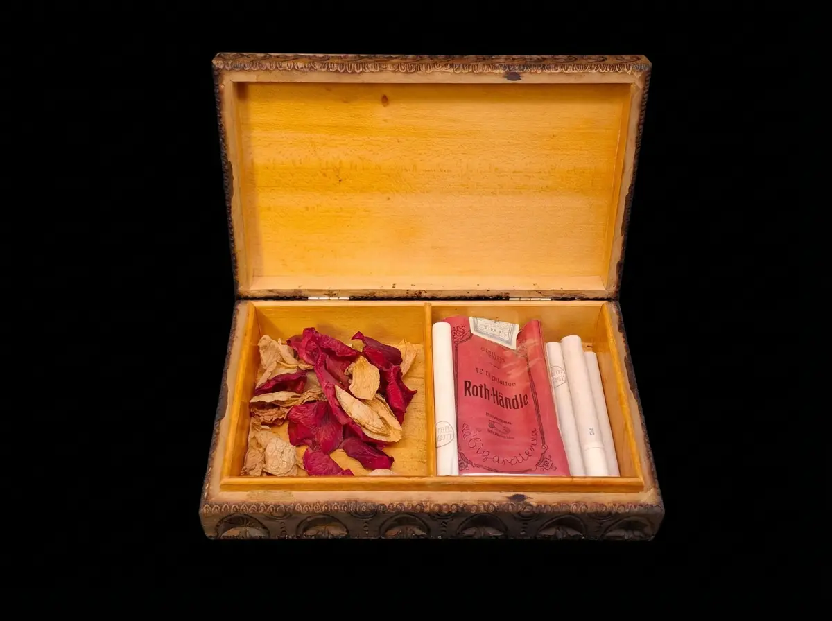 Geöffnete Holzschatulle mit zwei Fächern vor schwarzem Hintergrund, gefüllt mit getrockneten Blütenblättern links und einer Packung Roth-Händle Zigaretten rechts.