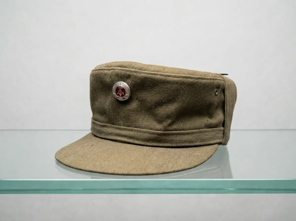 Olivgrüne Feldmütze der Nationalen Volksarmee (NVA) der DDR mit Staatswappen-Kokarde auf der Stirnseite, stehend auf einem Glasregal.