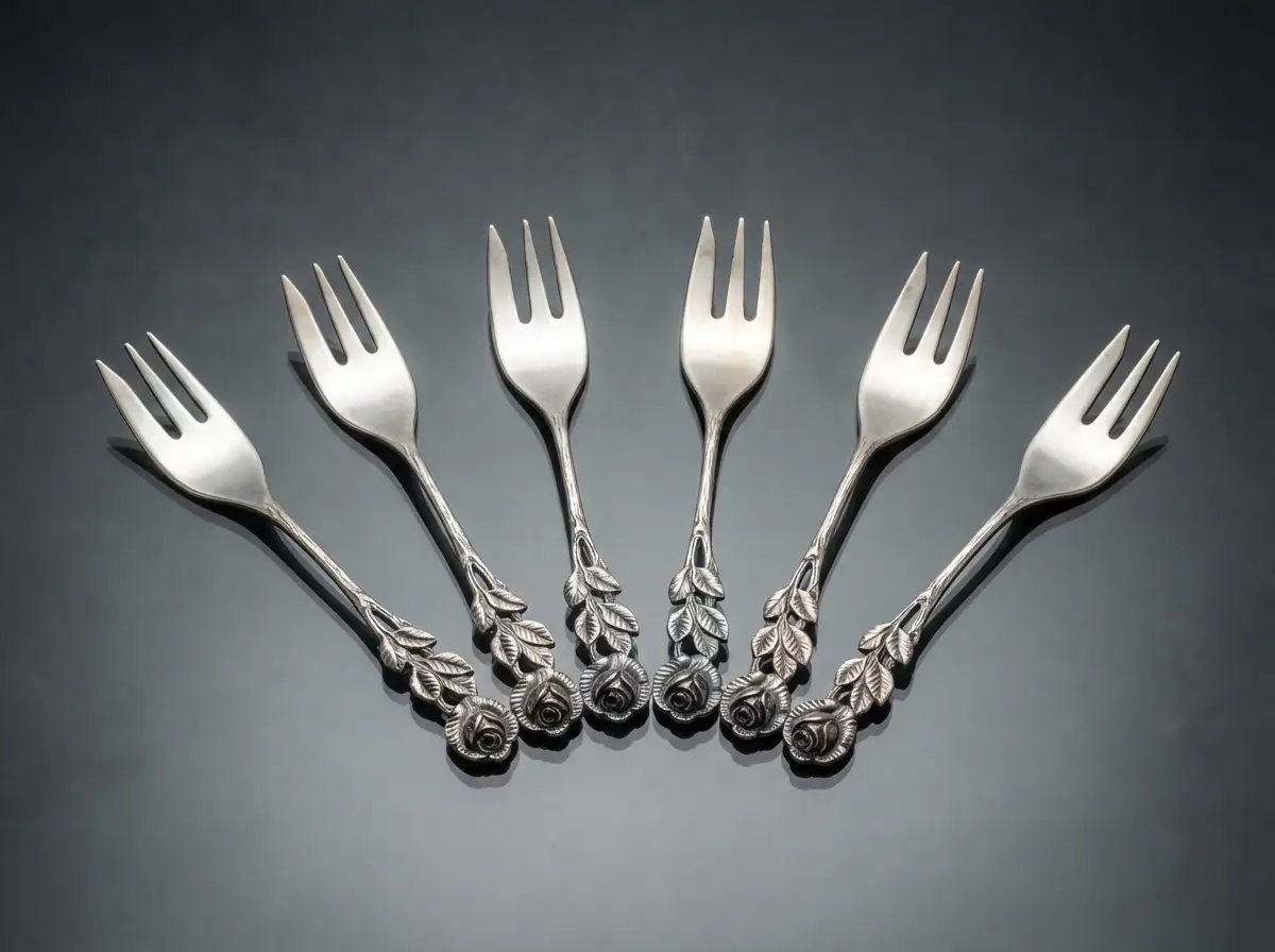Sechs silberne Kuchengabeln mit Rosenverzierung am Griff, fächerförmig auf einem dunklen, reflektierenden Untergrund angeordnet.