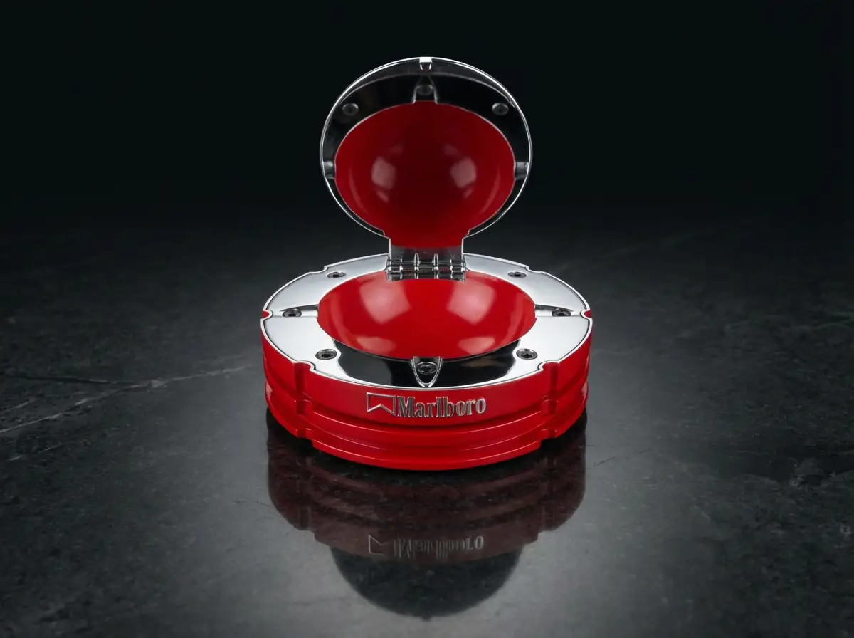 Geöffneter runder Marlboro Aschenbecher in Rot und Chrom auf spiegelndem dunklen Untergrund