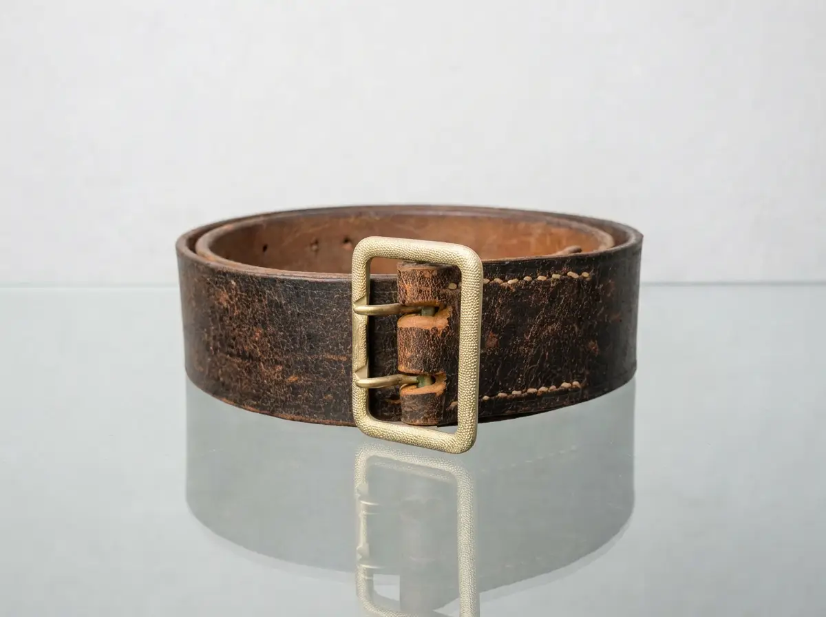 Aufgerollter, dunkelbrauner Ledergürtel im Vintage-Look mit goldener Zweidornschnalle auf spiegelndem Untergrund