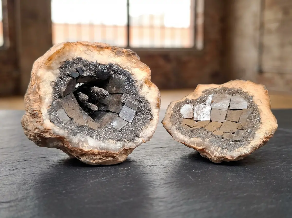 Zwei Hälften einer geöffneten Geode mit dunklen, metallisch glänzenden kubischen Kristallen und Hohlräumen auf dunklem Untergrund