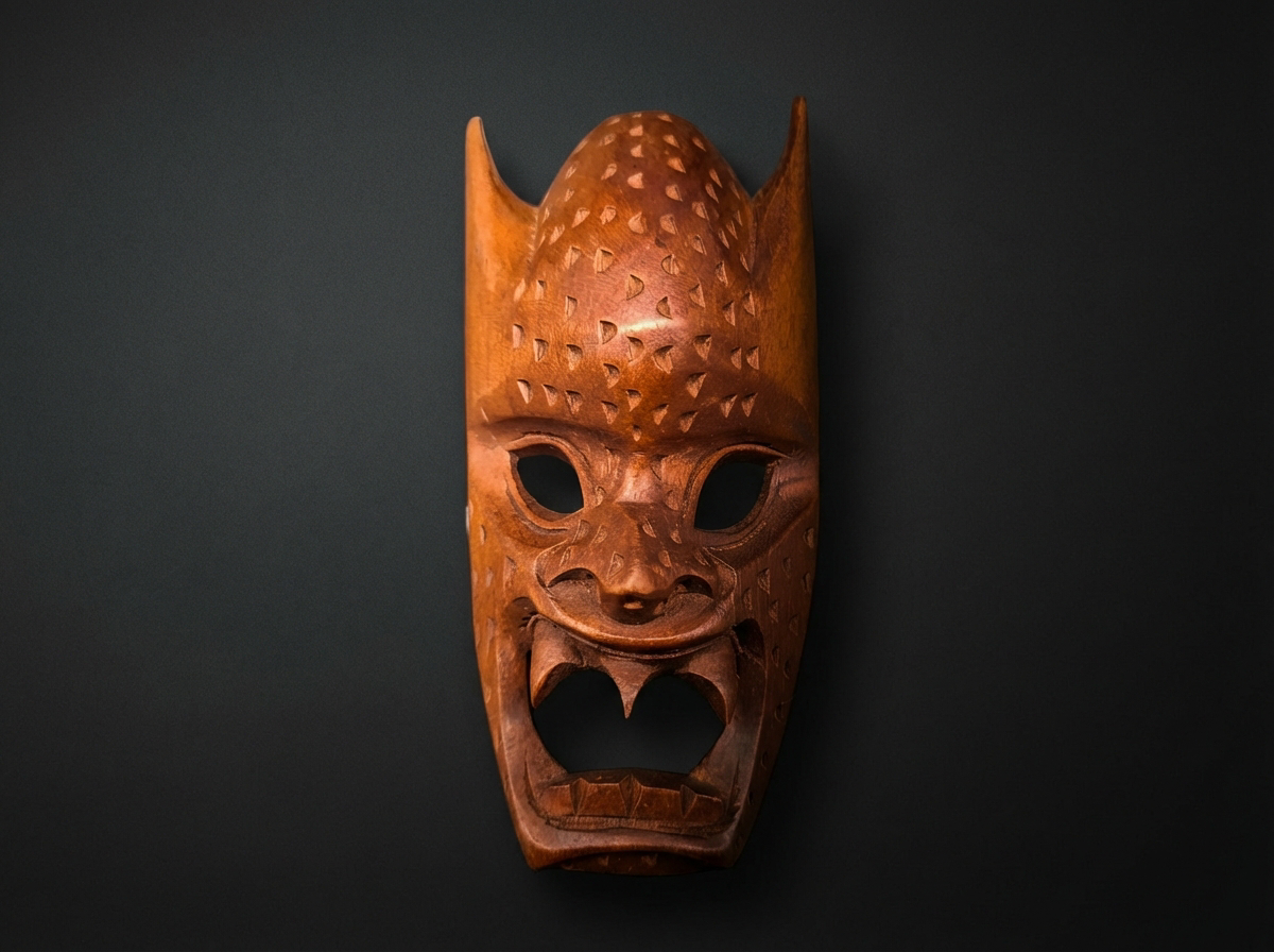 Vintage Bali Maske handgeschnitzt – Dämon Rangda / Barong – Indonesien Wandmaske Holz