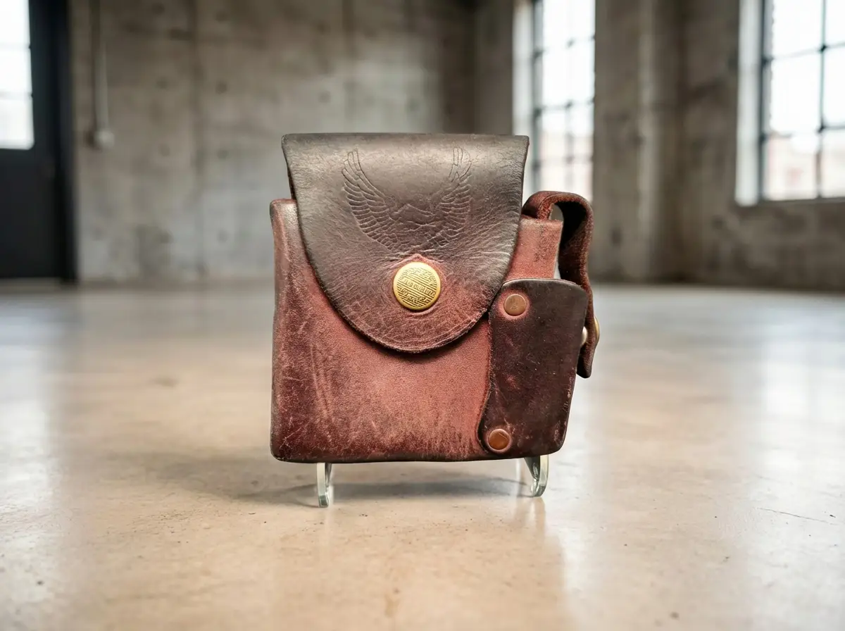 Kleine, braune Ledertasche im Used-Look mit geprägtem Flügel-Motiv auf der Klappe und goldenem Verschlussknopf, stehend auf einem Betonboden in einer hellen Halle.
