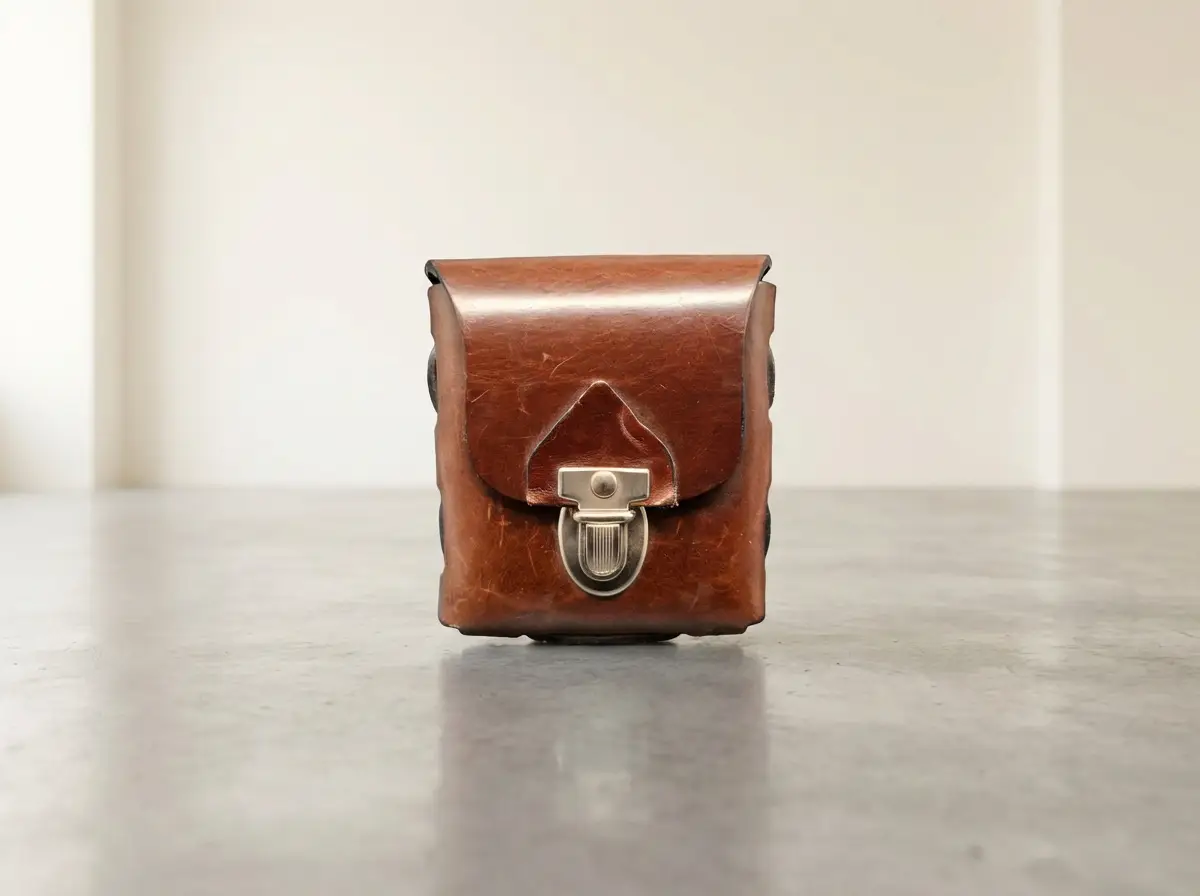 Frontansicht einer kleinen, braunen Vintage-Ledertasche mit silbernem Steckschloss auf grauem Untergrund