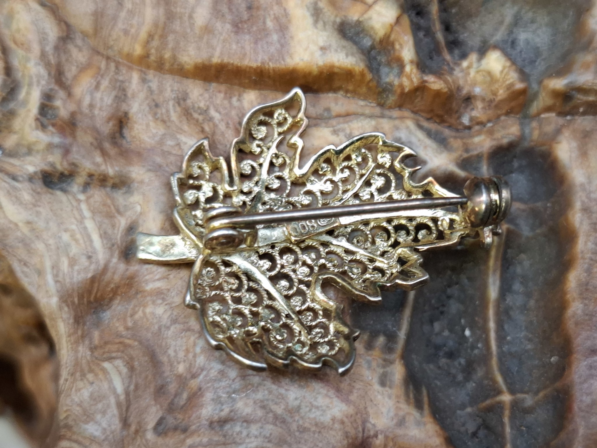 Vintage Blatt Brosche 800 Silber Teilvergoldet Filigran Markasiten, bild 3