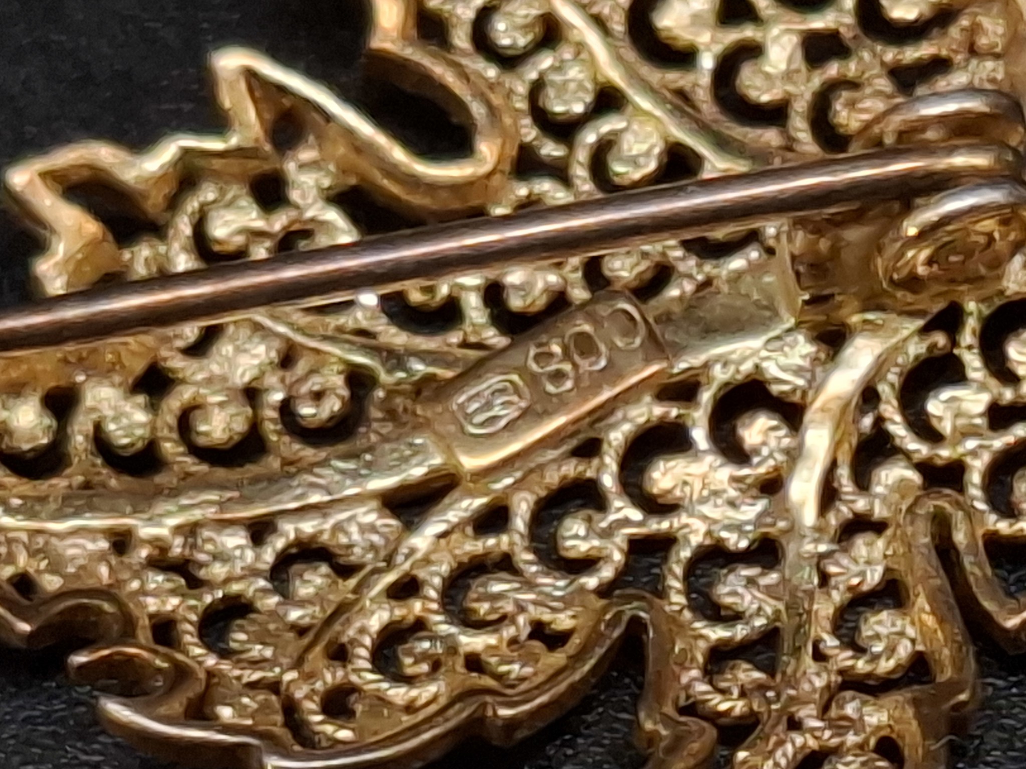 Vintage Blatt Brosche 800 Silber Teilvergoldet Filigran Markasiten, bild 4