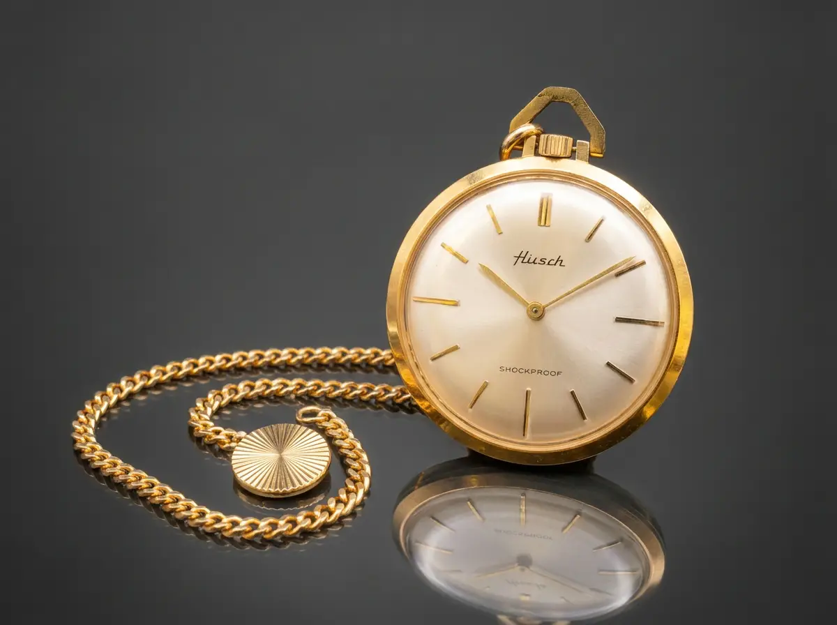 Goldene Husch Taschenuhr mit Gliederkette auf spiegelndem dunklen Untergrund, helles Zifferblatt mit goldenen Indizes und Shockproof-Schriftzug