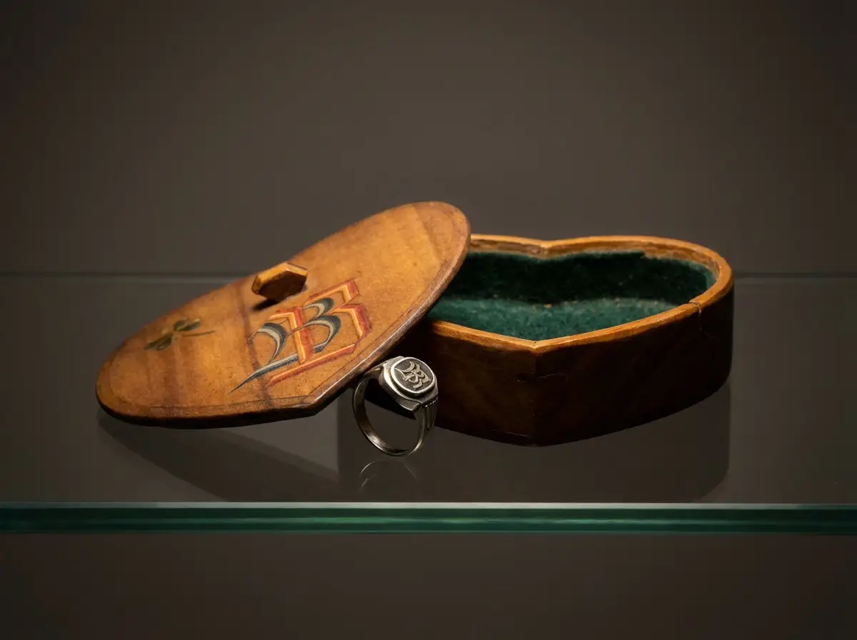 Offene, herzförmige Holzschatulle mit grüner Samtauskleidung, daneben liegendem Deckel mit bemaltem Monogramm und passendem silbernen Siegelring auf einer Glasplatte.