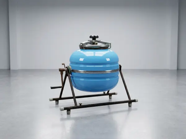 Restauriertes blaues Butterfass aus Metall auf einem schwarzen Standgestell mit manueller Kurbel vor grauem Hintergrund