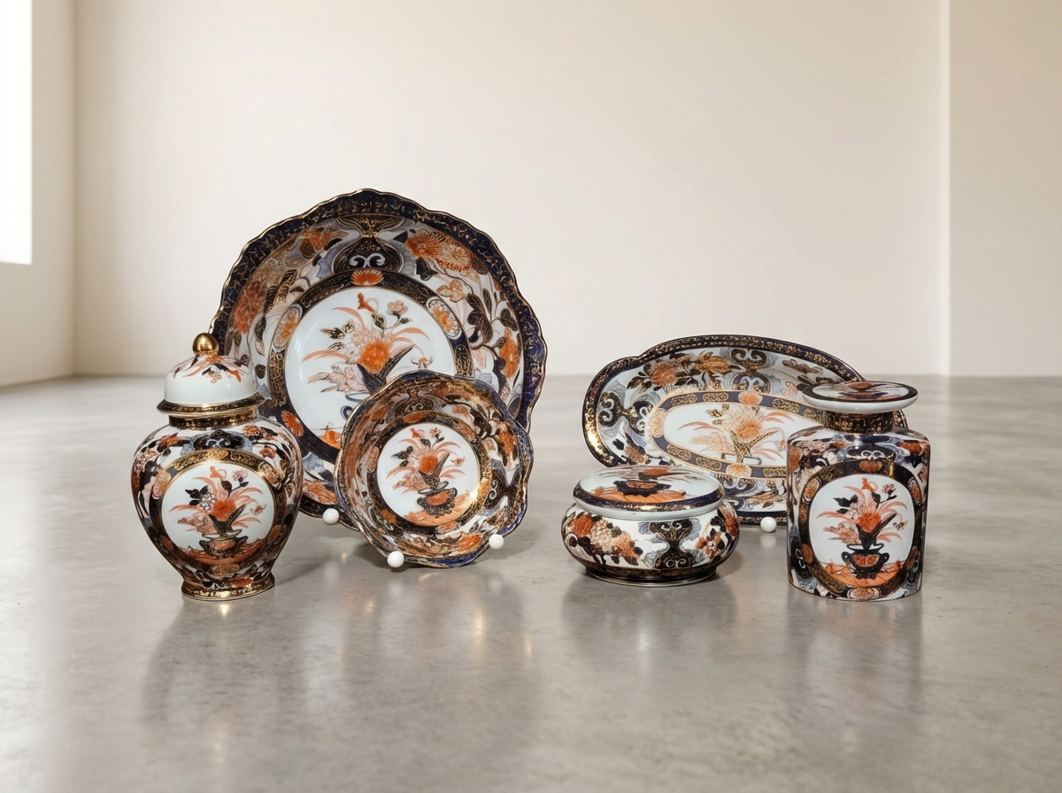 Japanisches Imari Porzellan Ensemble 6-teilig Handbemalt Golddekor 1930er