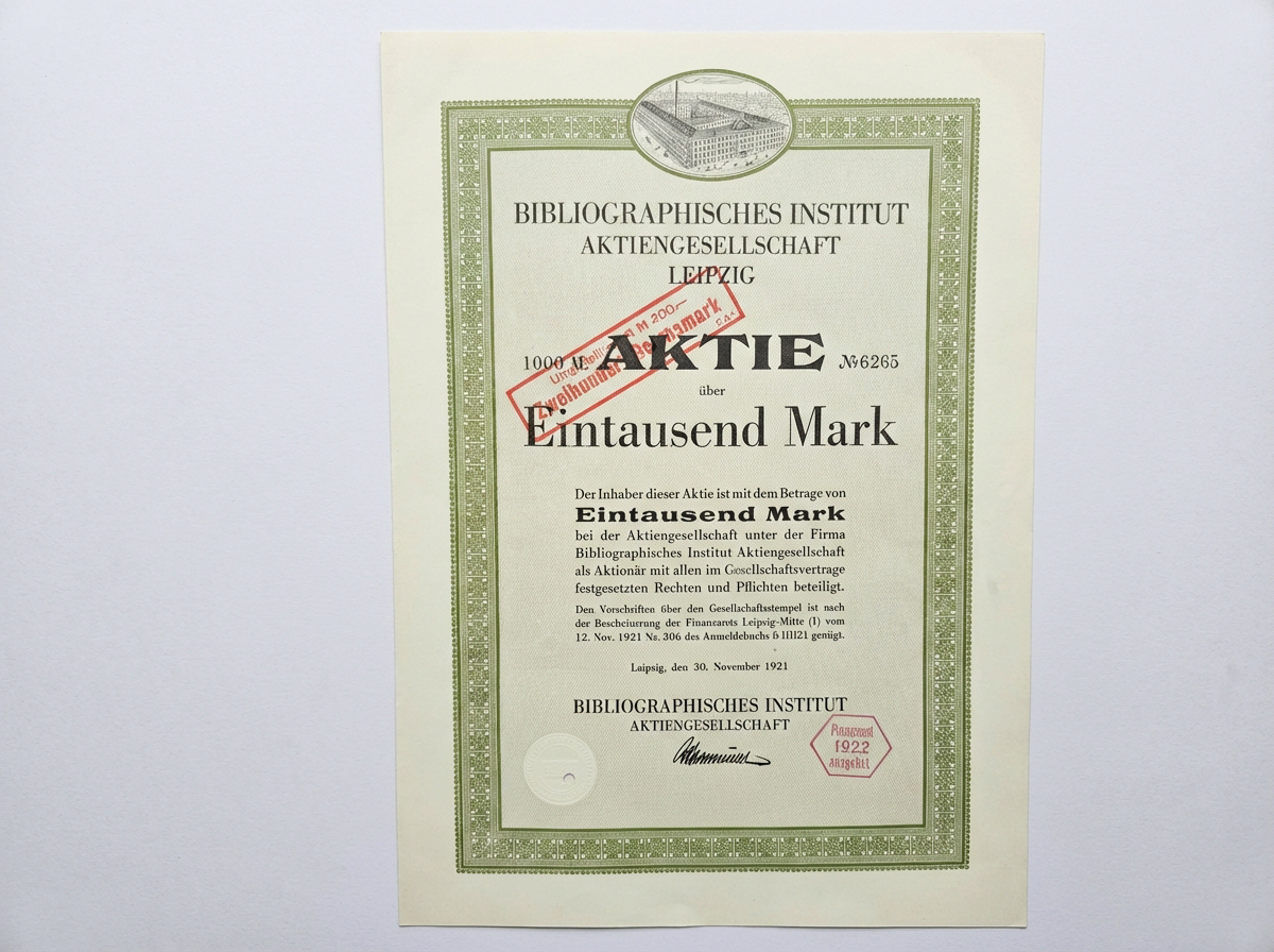 Historische Aktie Bibliographisches Institut Leipzig 1921 Eintausend Mark