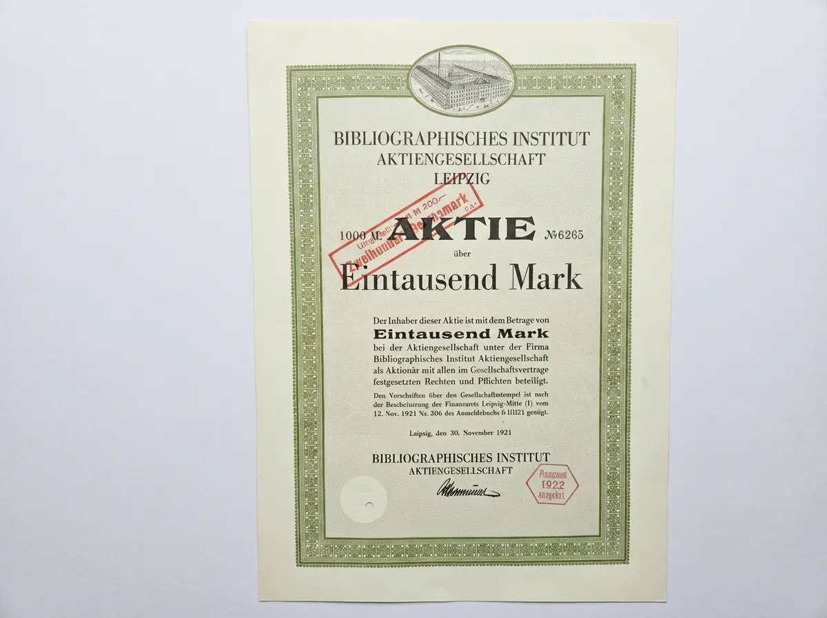 Historische Aktie des Bibliographischen Institut Leipzig über 1000 Mark vom 30. November 1921 mit rotem Überdruck zur Währungsumstellung