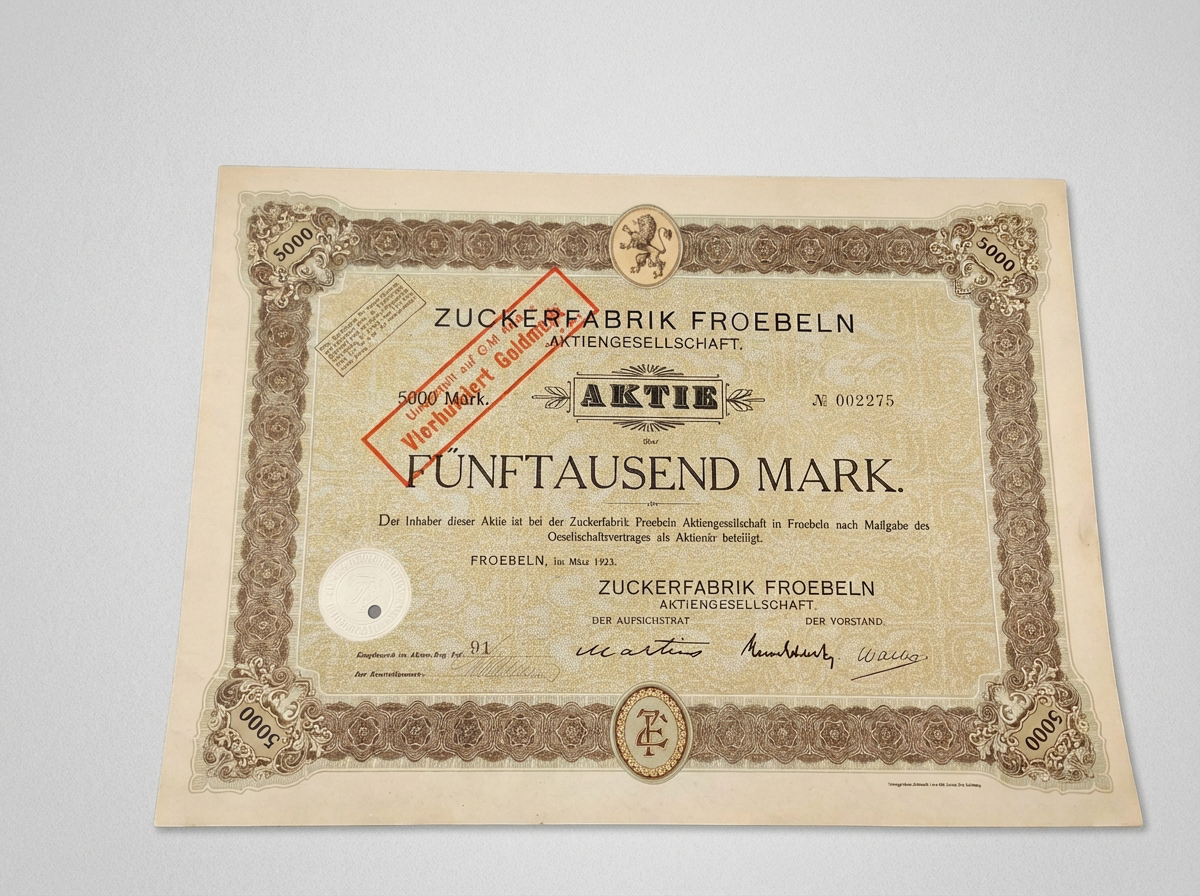 Historische Aktie Zuckerfabrik Froebeln 1923 Fünftausend Mark Sammlerstück