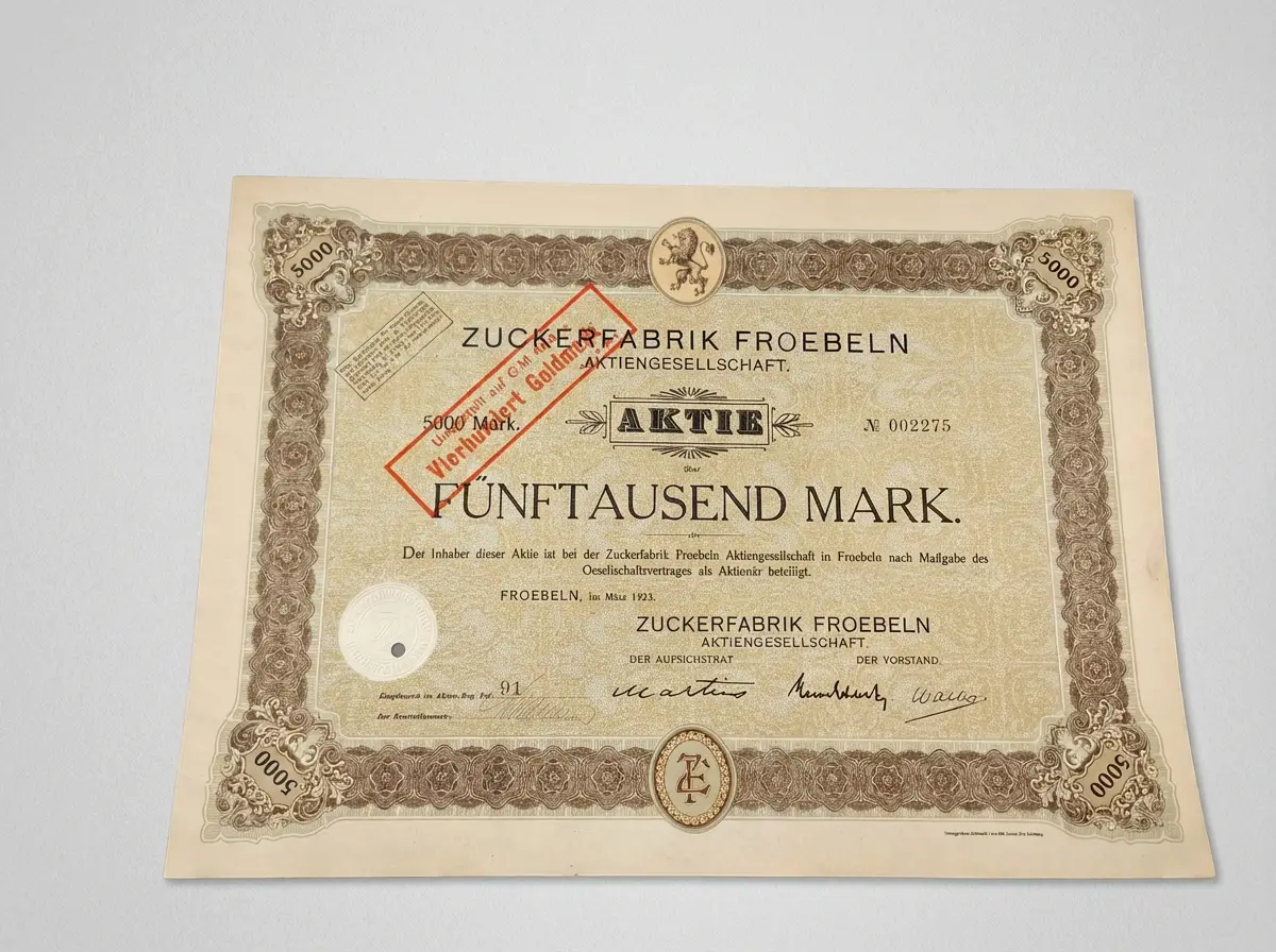 Historische Aktie der Zuckerfabrik Froebeln AG über 5000 Mark von 1923 mit roter Umstempelung auf 400 Goldmark
