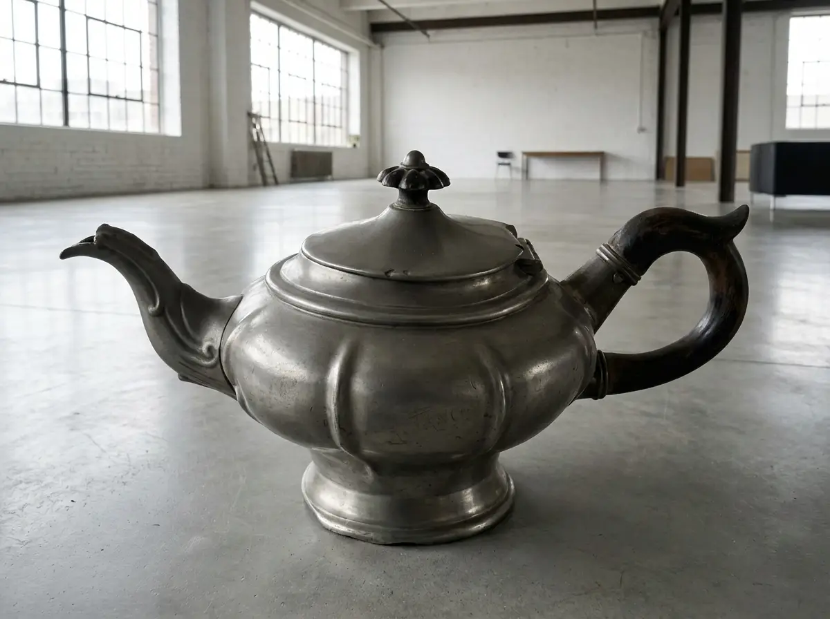 Große antike Teekanne aus Zinn auf dem grauen Betonboden eines leeren, weitläufigen Industrie-Lofts mit großen Fenstern im Hintergrund.