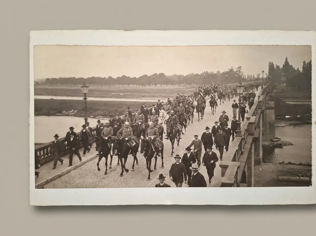 Historische Schwarz-Weiß-Aufnahme einer Kavallerie-Einheit in Uniform, die zu Pferd über eine gepflasterte Steinbrücke zieht, begleitet von zahlreichen Zivilisten in zeitgenössischer Kleidung.
