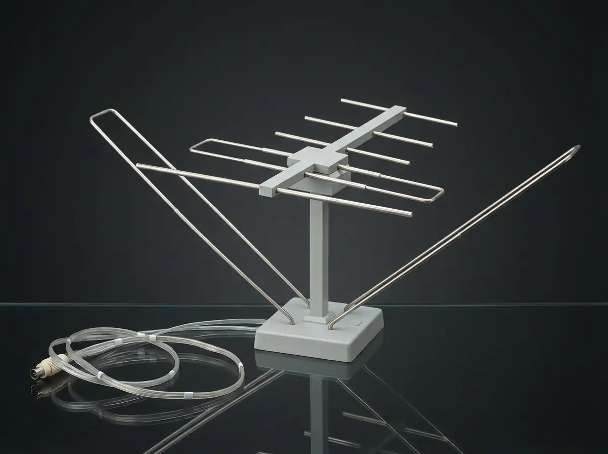 Silberne Zimmerantenne mit grauem Standfuß und aufgerolltem, transparentem Koaxialkabel auf schwarzem, reflektierendem Untergrund
