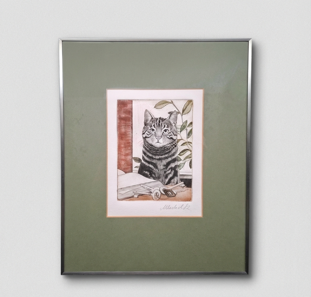 Maximilian Mlodock Radierung Katze Buch Schlüssel Signiert 1982 Gerahmt