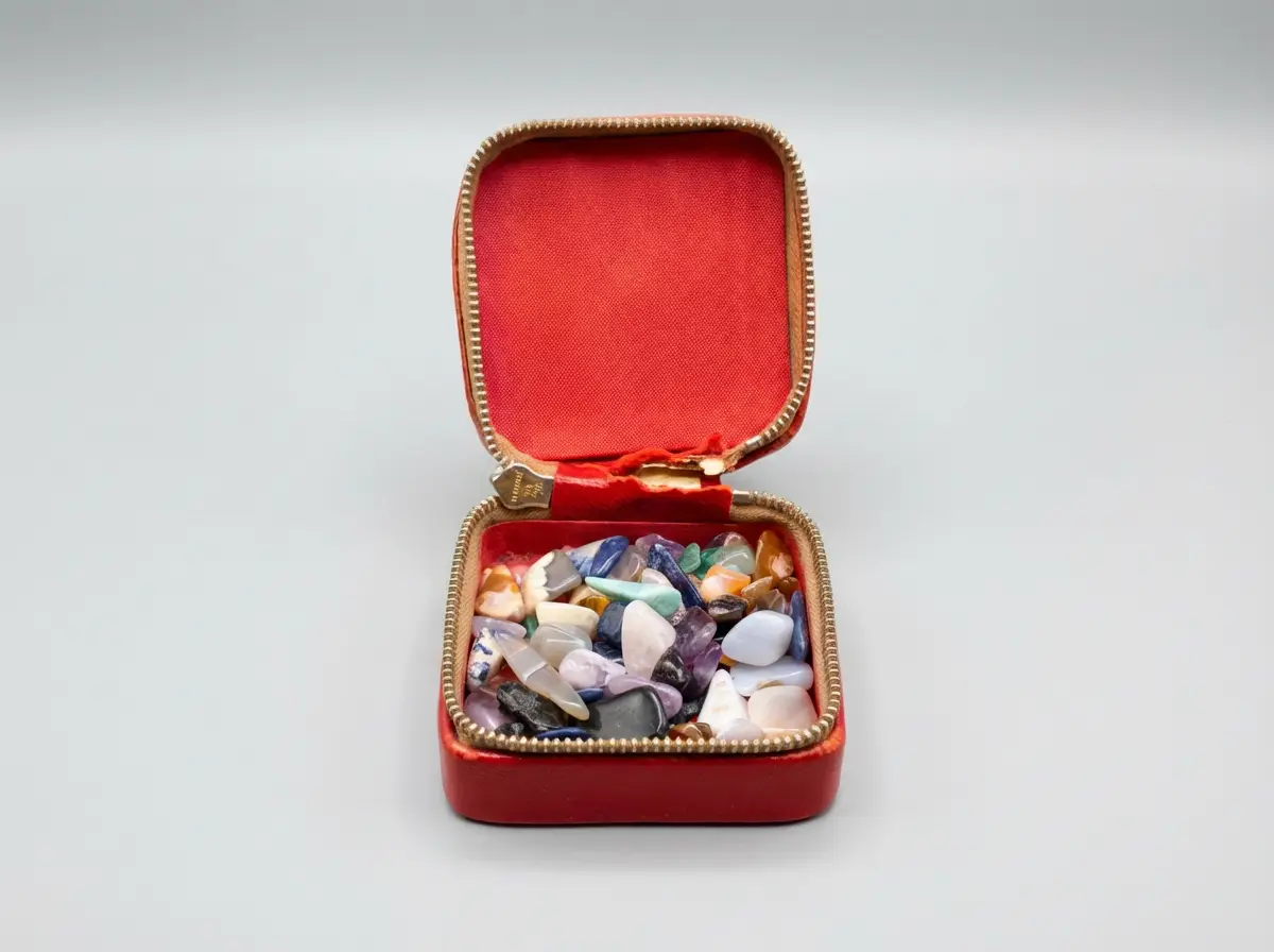 Geöffnetes rotes quadratisches Etui mit Reißverschluss, gefüllt mit einer Mischung aus polierten Trommelsteinen und Halbedelsteinen vor neutralem Hintergrund.