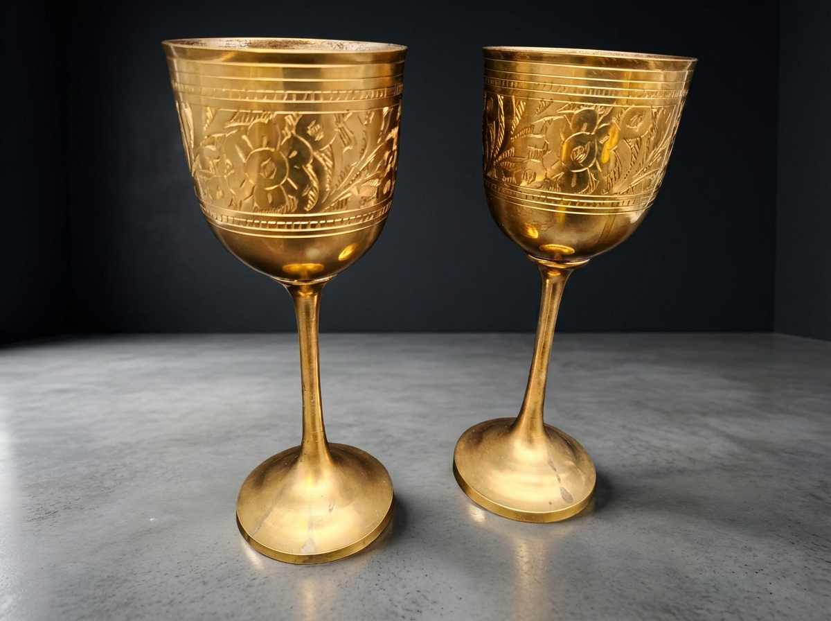Kelch Duo Sakral Messing Ziseliert Versilbert Vintage um 1970