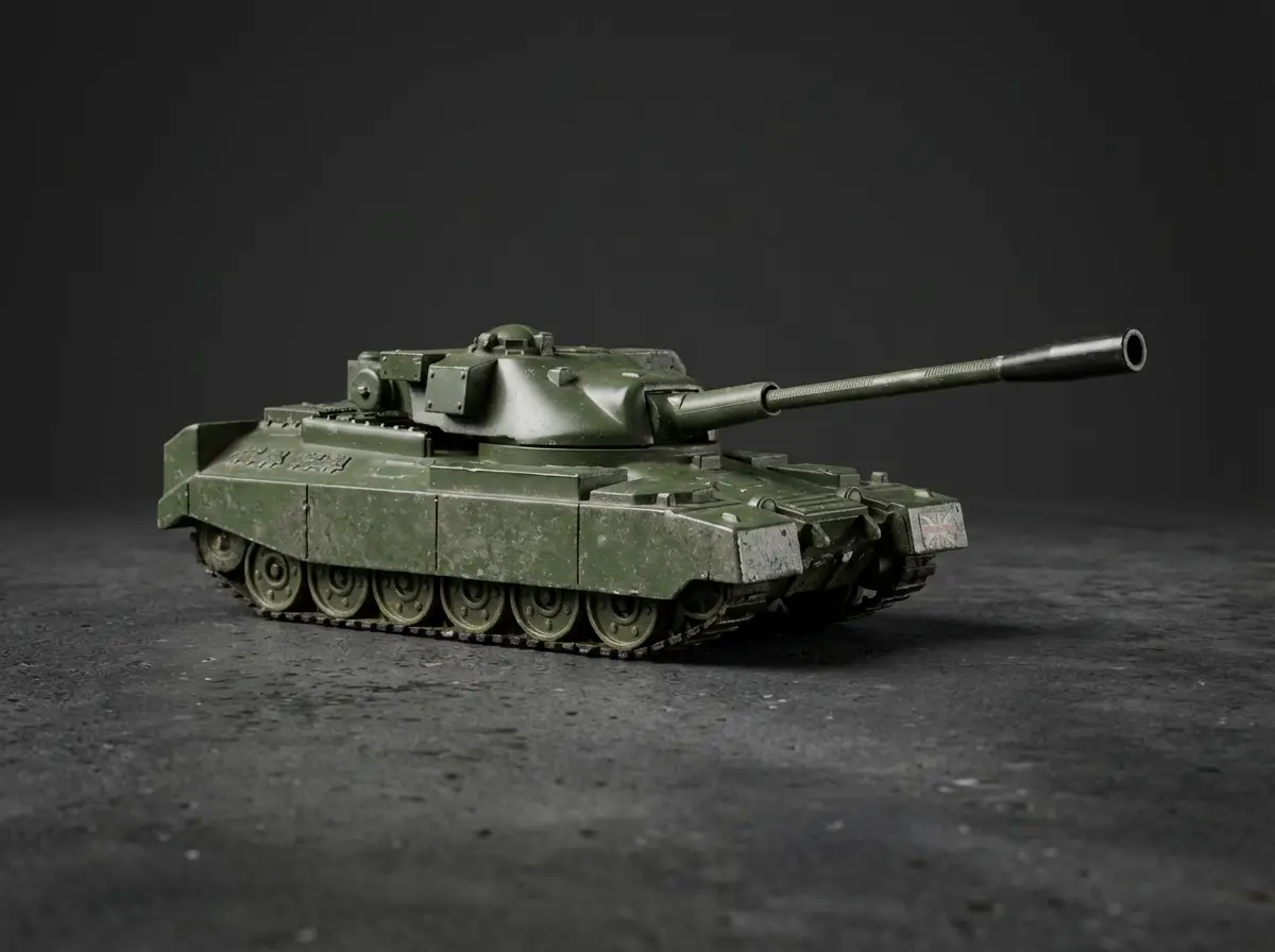 Seitenansicht eines olivgrünen Kampfpanzer-Modells mit Verwitterungsspuren und britischer Flagge vor grauem Hintergrund