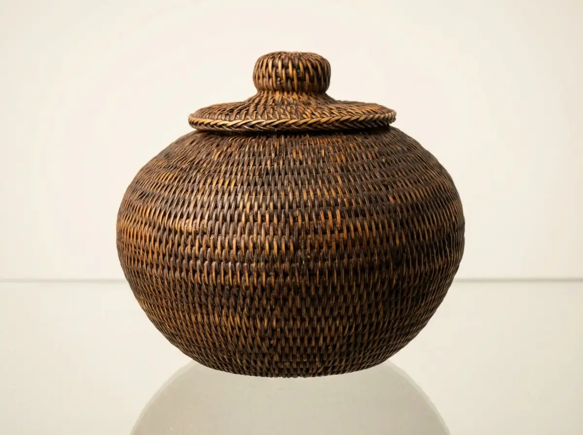 Runder, dunkelbrauner geflochtener Korb aus Rattan mit Deckel und Knauf auf einer spiegelnden Oberfläche vor weißem Hintergrund