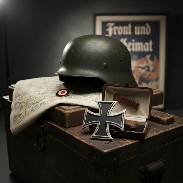 Historisches Stillleben mit deutschem Stahlhelm, Landkarte, Kokarde und Eisernem Kreuz auf einer alten Holzkiste vor einem Plakat mit der Aufschrift Front und Heimat.