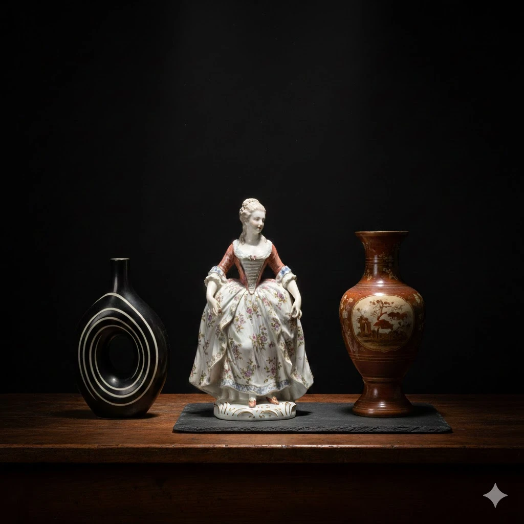 Stillleben mit drei Objekten auf einem Holztisch: links eine moderne schwarze Vase mit weißen Ringen, mittig eine Porzellanfigur einer Dame im Rokoko-Stil und rechts eine braune Vase mit Landschaftsmalerei vor schwarzem Hintergrund.