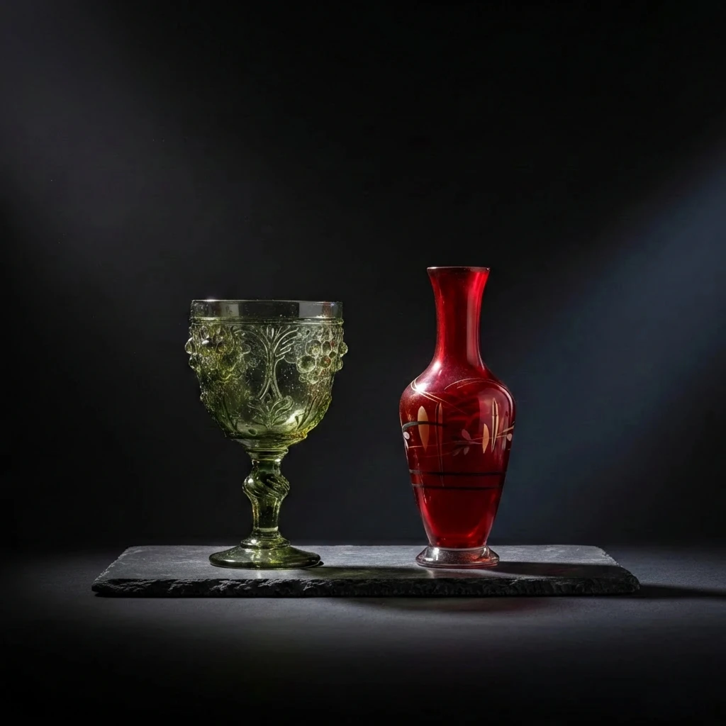Stillleben mit einem verzierten grünen Glaskelch und einer roten Glasvase, die auf einer dunklen Schieferplatte vor schwarzem Hintergrund stehen
