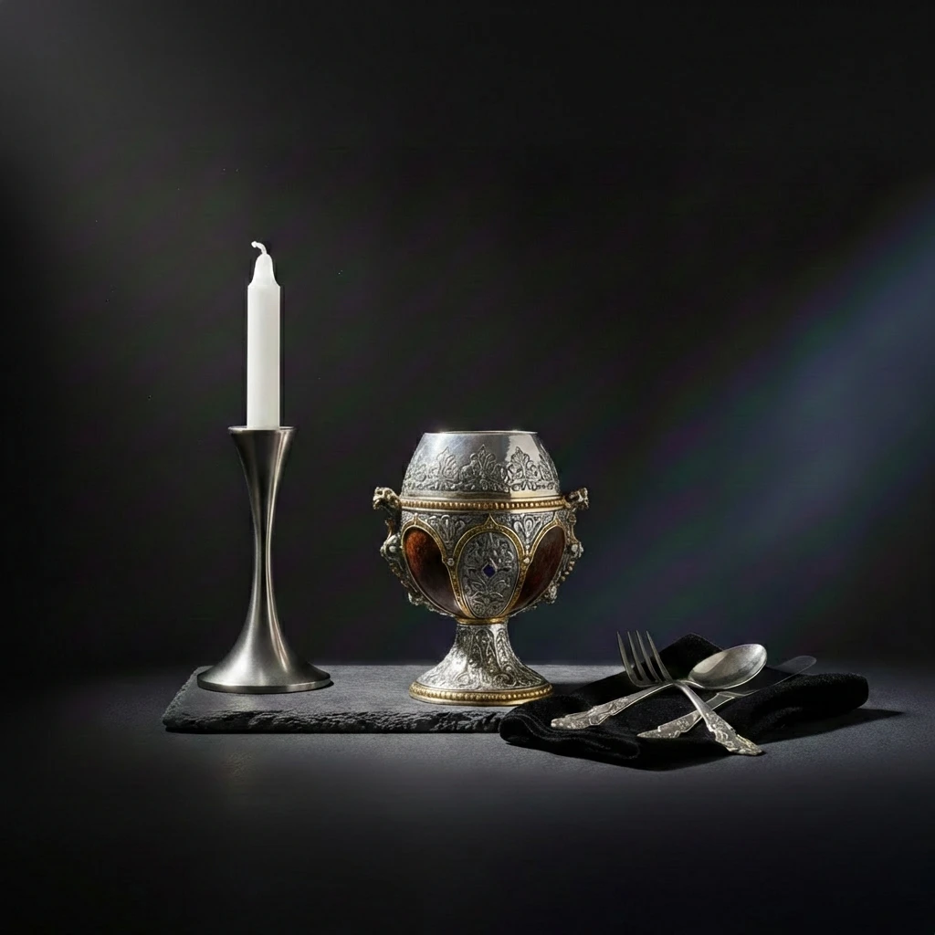 Stillleben auf einer Schieferplatte mit einem silbernen Kerzenhalter mit weißer Kerze, einem reich verzierten Prunkkelch mit Deckel und antikem Silberbesteck auf einer schwarzen Serviette vor dunklem Hintergrund