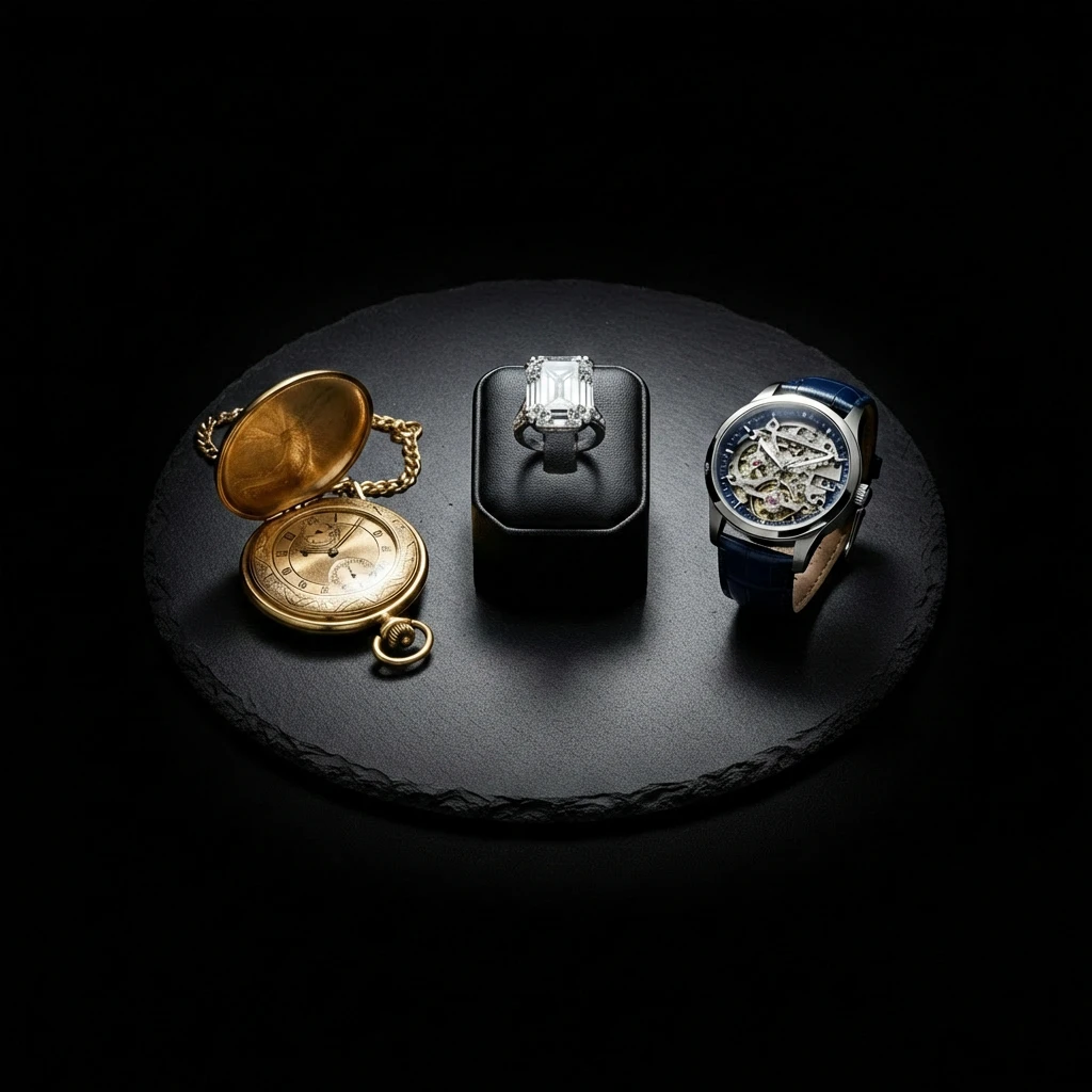 Goldene Taschenuhr, großer Diamantring und skelettierte Armbanduhr arrangiert auf einer runden schwarzen Schieferplatte vor dunklem Hintergrund.