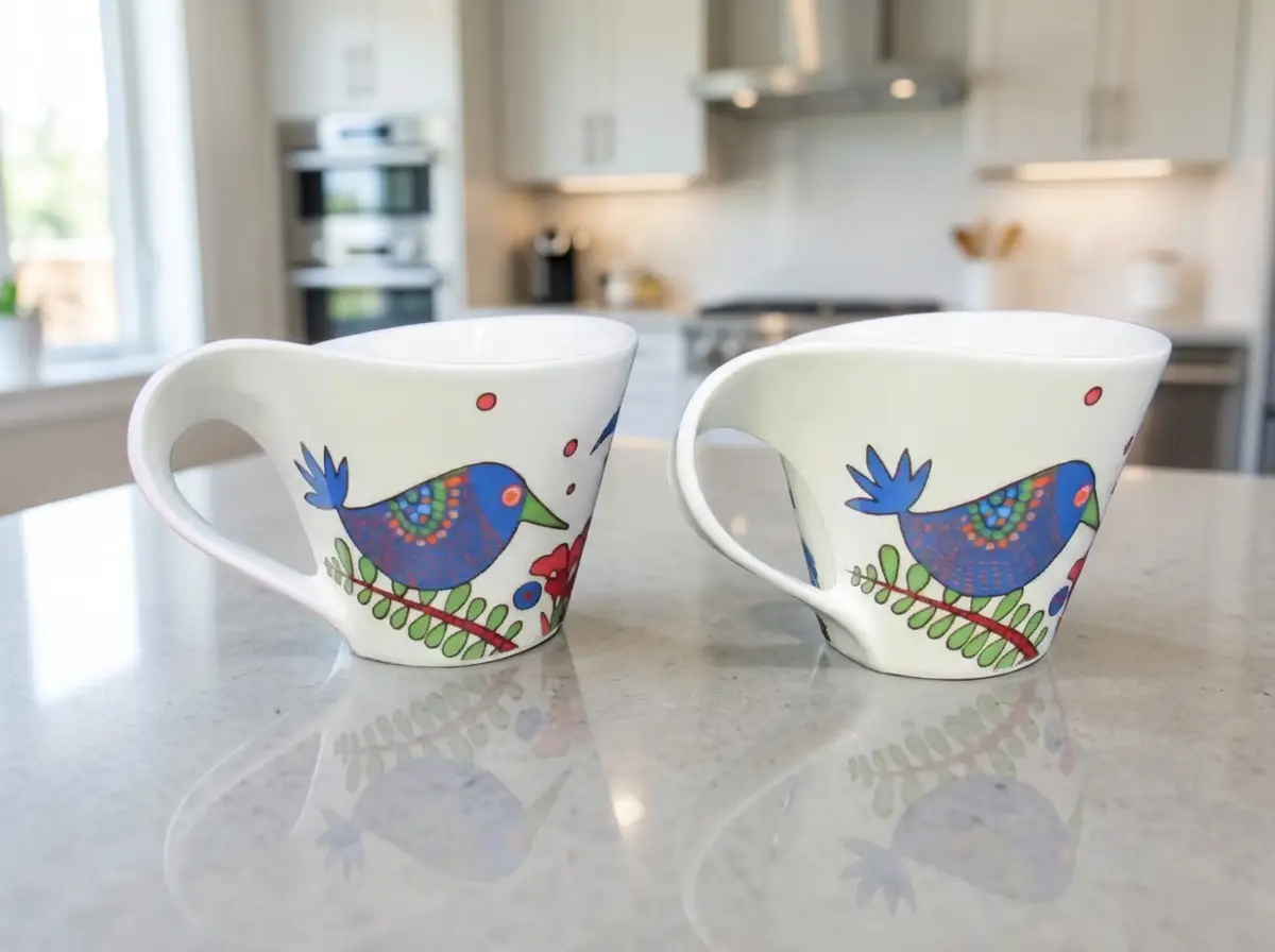 Zwei weiße Keramiktassen mit einem bunten, stilisierten blauen Vogelmotiv, die nebeneinander auf einer glänzenden Arbeitsplatte vor unscharfem Küchenhintergrund stehen