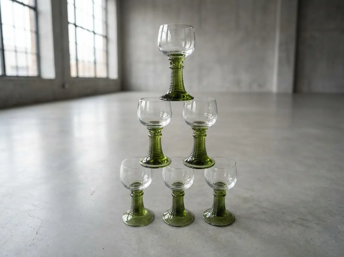 Sechs zu einer Pyramide gestapelte Römer-Weingläser mit grünem geripptem Stiel auf einem grauen Betonboden in einem hellen Raum.