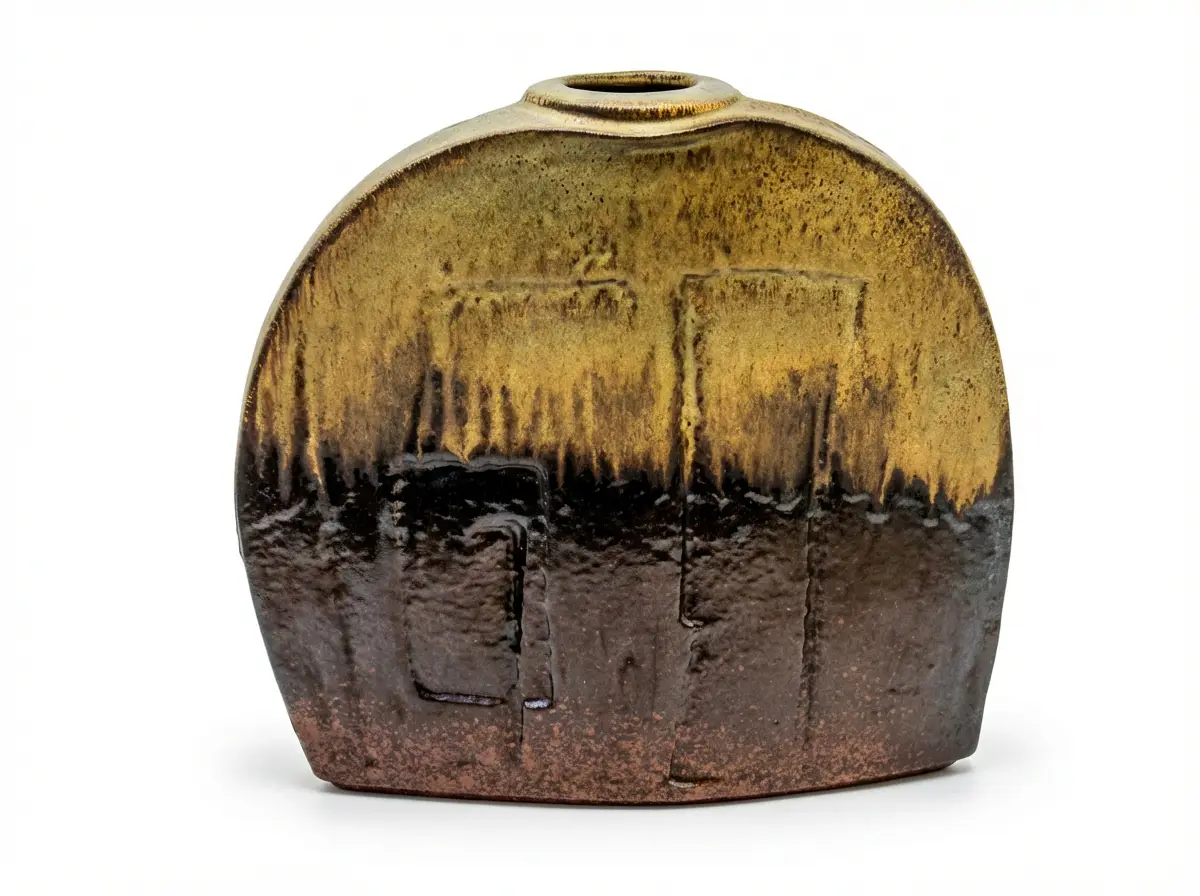 Flache Keramikvase mit abgerundeter Form vor weißem Hintergrund, glasiert in Ocker und strukturiertem Dunkelbraun mit geometrischen Reliefs