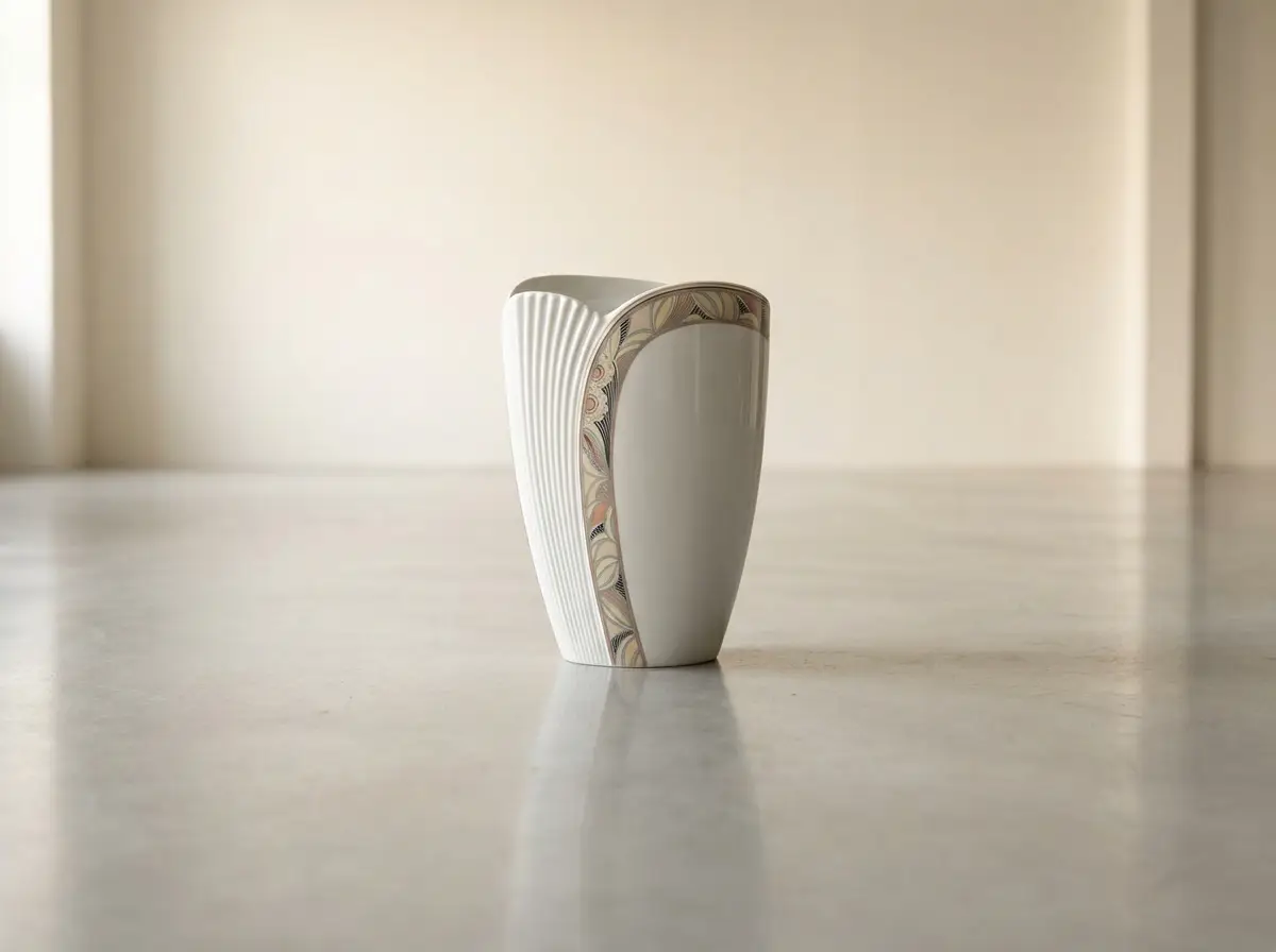 Weiße Porzellanvase mit asymmetrischem Design, bestehend aus einer geriffelten Seite und einer glatten Fläche, getrennt durch ein geschwungenes Dekorband, stehend auf einem reflektierenden Boden