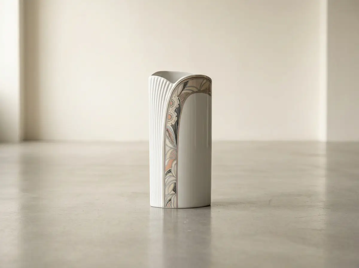 Weiße Porzellanvase auf grauem Boden, halbseitig geriffelt und glatt, verziert mit einem vertikalen Dekorband mit floralem Jugendstil-Muster