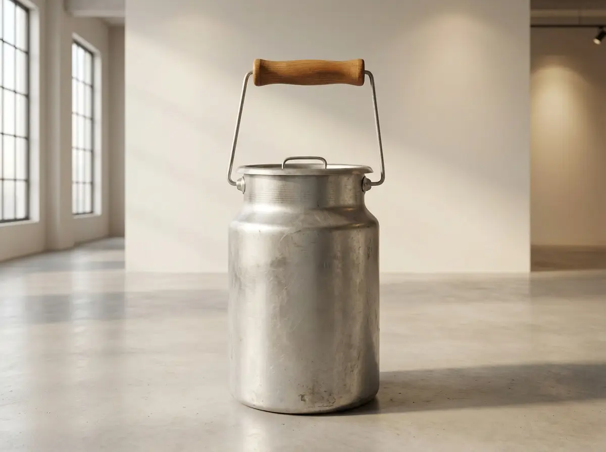 Silberne Vintage-Milchkanne aus Metall mit Holzgriff, stehend in einem hellen minimalistischen Raum auf Betonboden