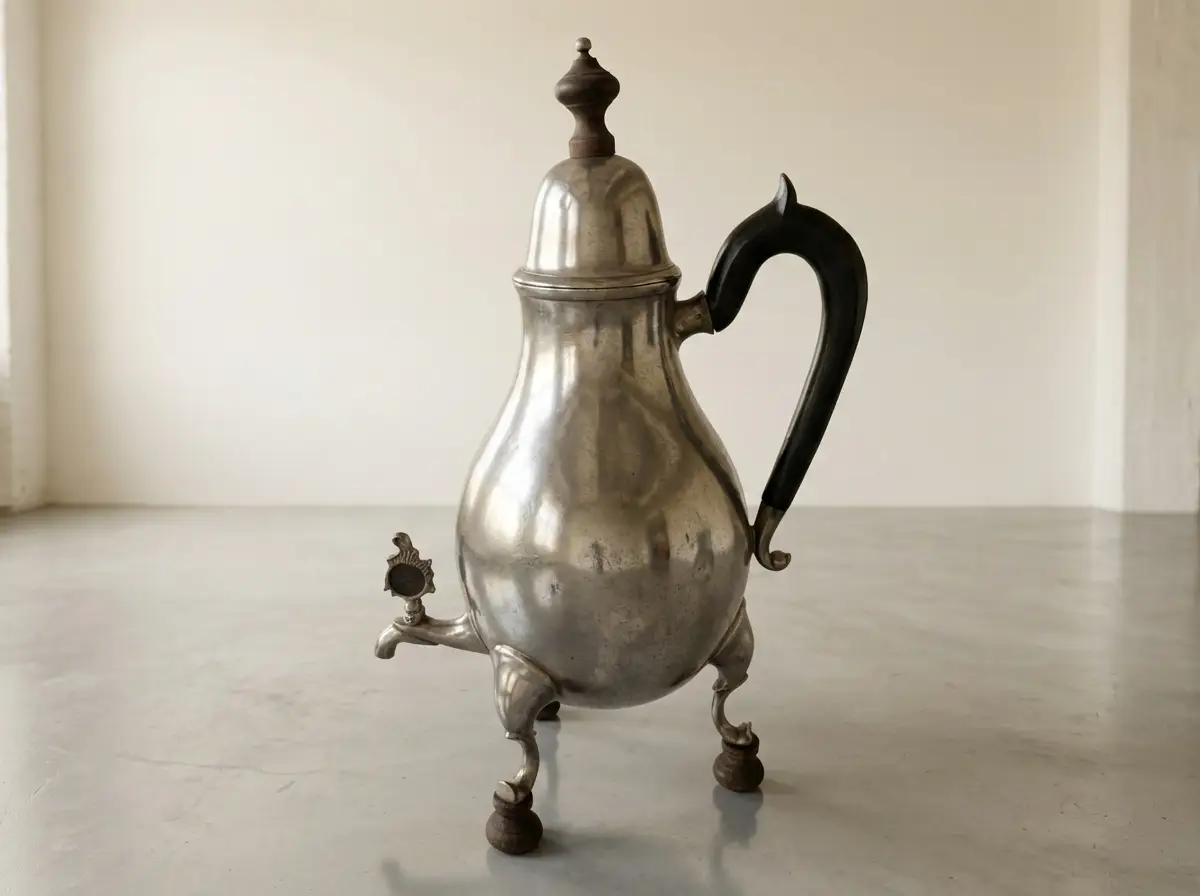 Antike bauchige Kaffeekanne aus Metall auf drei Füßen mit dunklem Henkel und Zapfhahn vor hellem Hintergrund