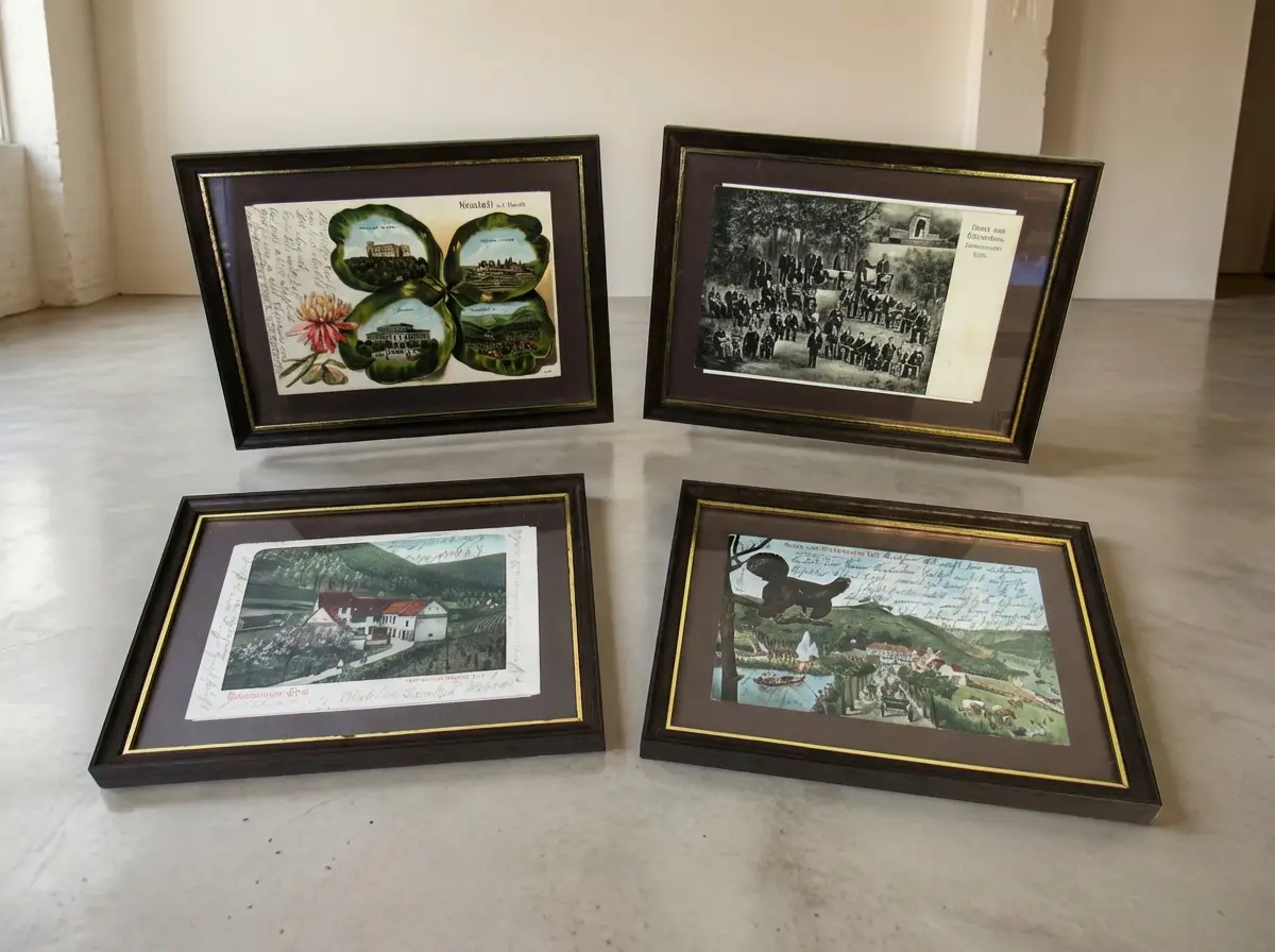 Vier dunkelbraune Bilderrahmen mit historischen Ansichtskarten auf hellem Boden, darunter Motive aus Neustadt an der Haardt, ein Gruppenfoto und Landschaftsbilder.