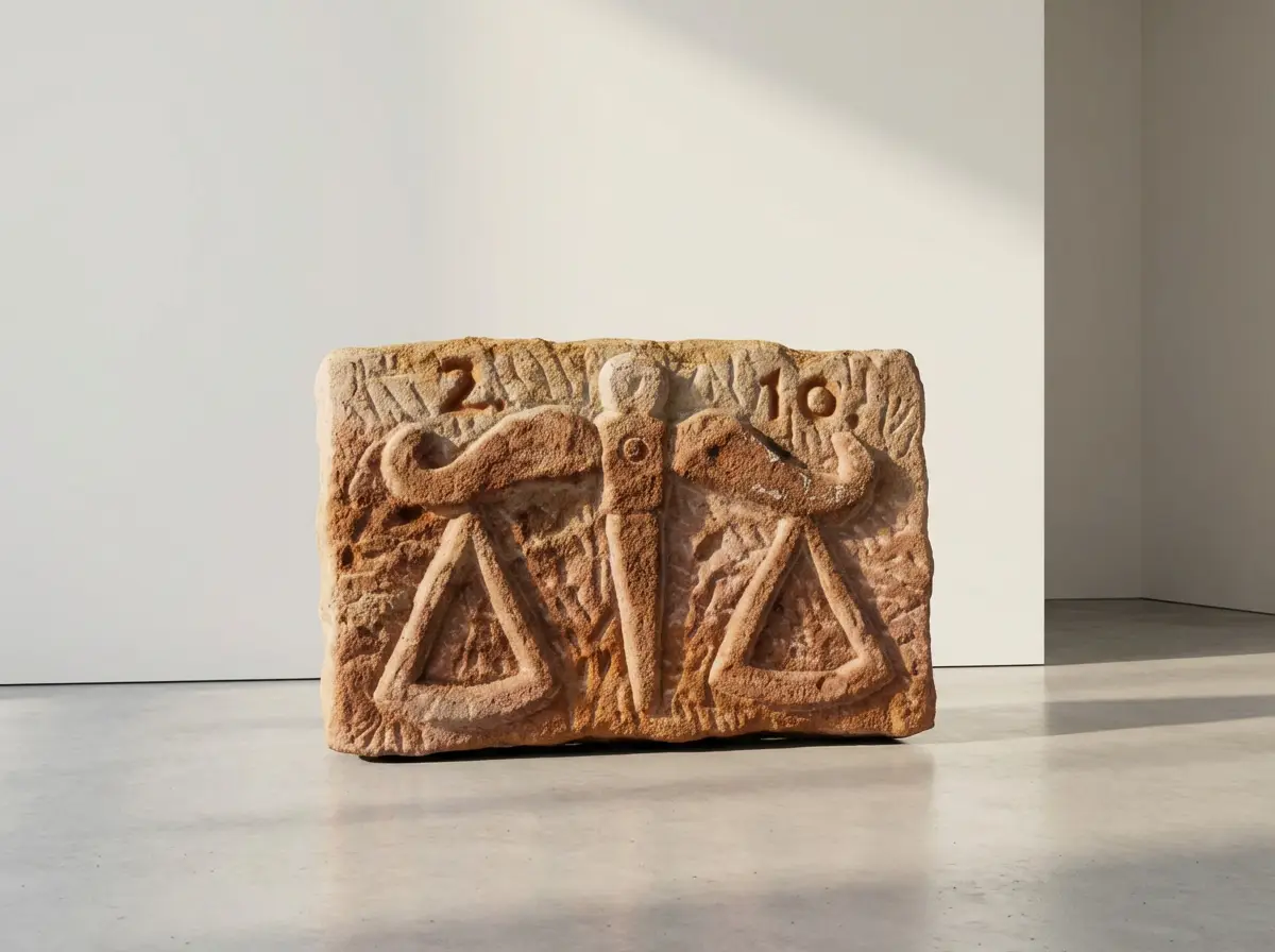 Rechteckiger Sandsteinblock mit eingemeißeltem Relief einer Waage und den Zahlen 2 und 10 in einem hellen Raum.