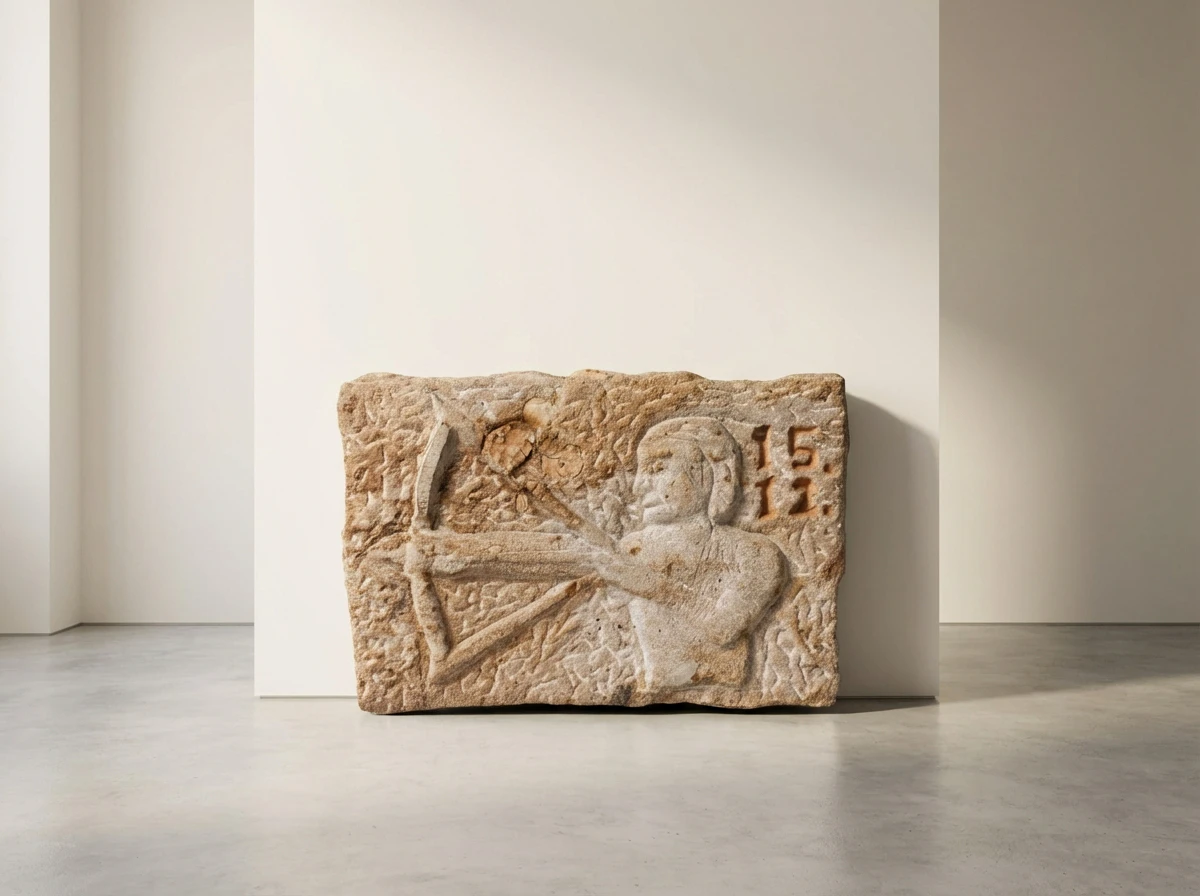 Antikes Steinrelief mit der Darstellung eines Bogenschützen, der einen Pfeil spannt, und der eingemeißelten Jahreszahl 1511 vor einer weißen Wand