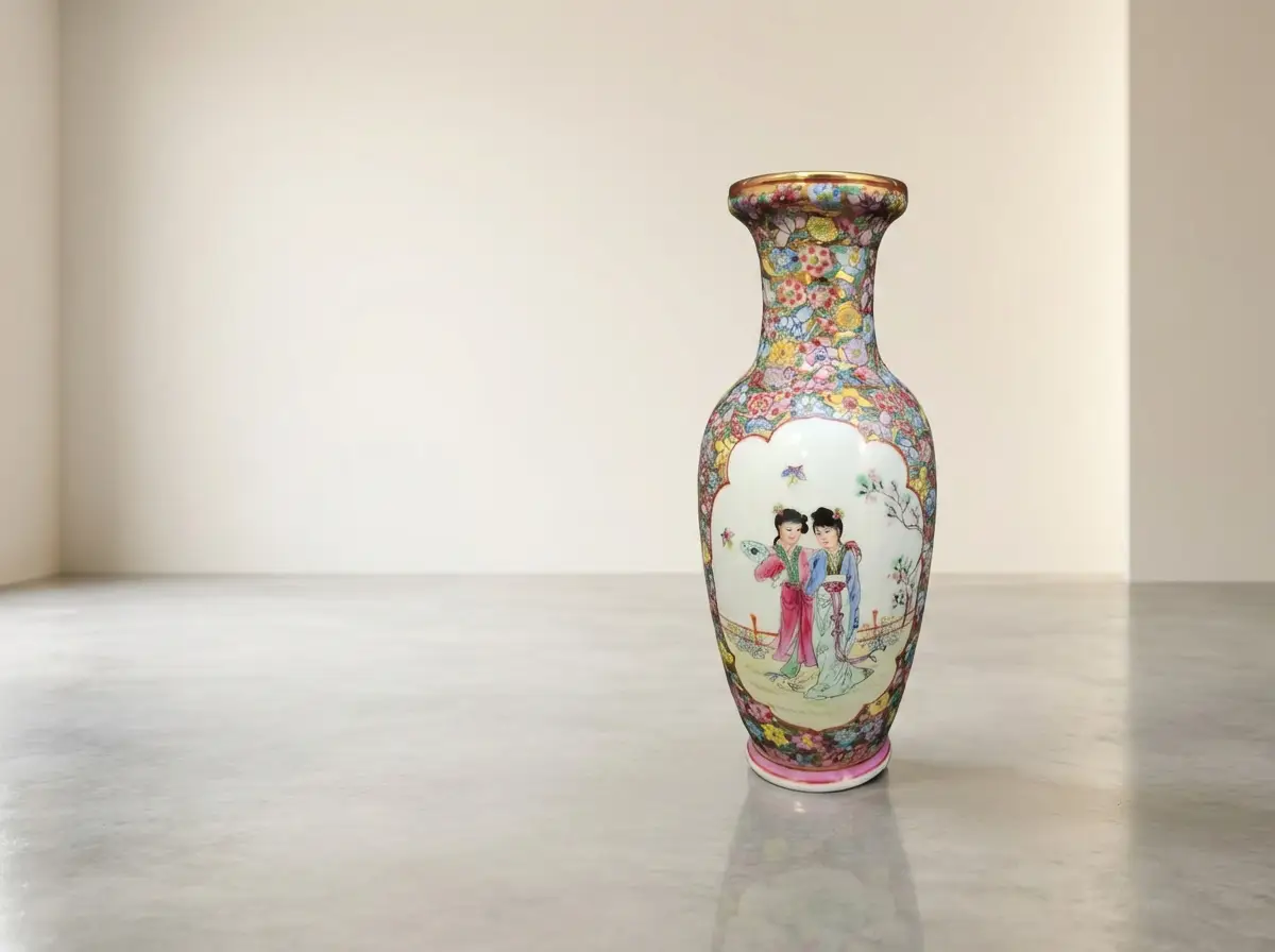Hohe chinesische Porzellanvase im Famille-Rose-Stil mit bunten Blumenmustern und einer Szene mit zwei Frauenfiguren vor neutralem Hintergrund