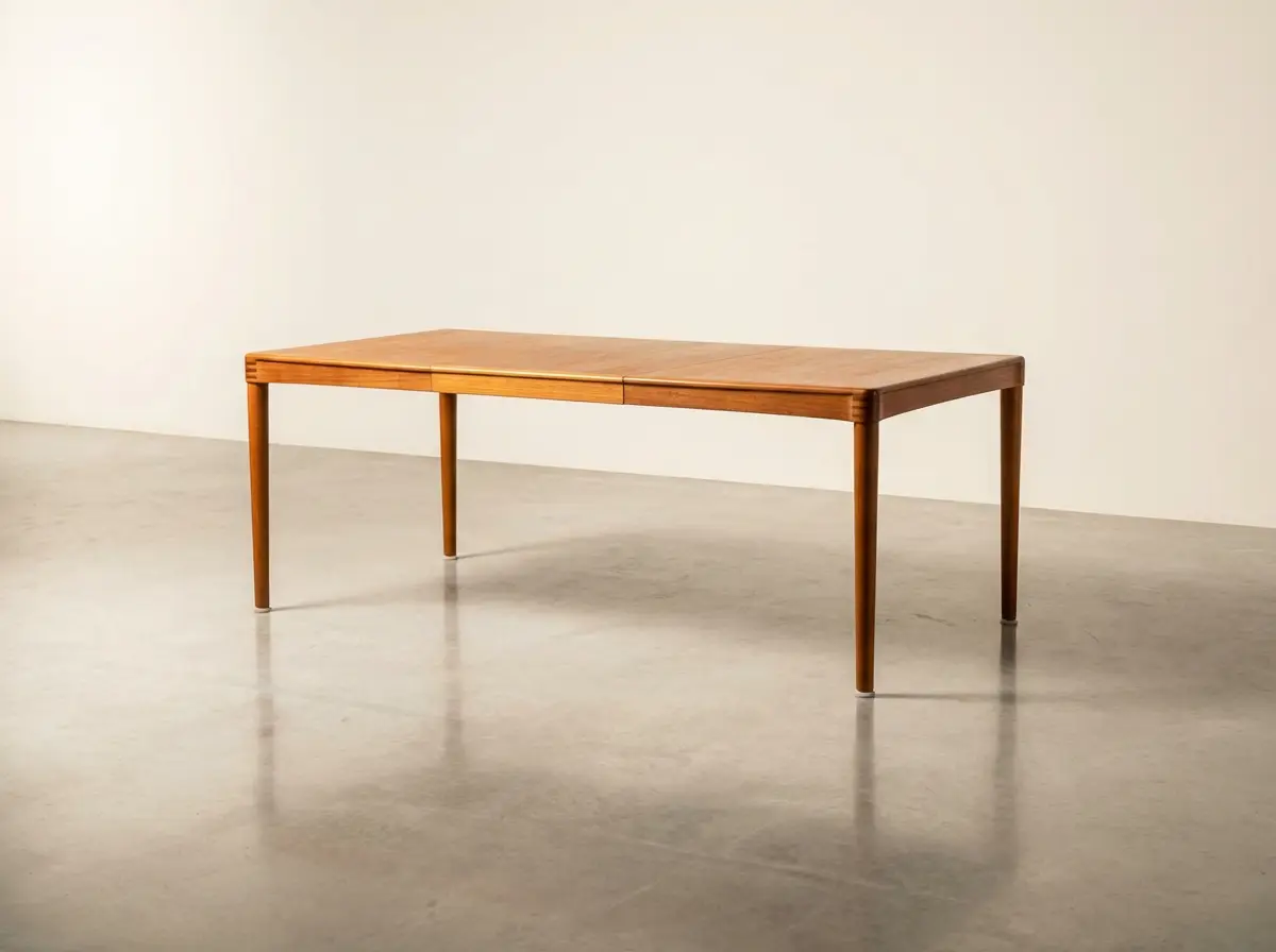 Freistehender, rechteckiger Esstisch aus Teakholz im Mid-Century-Design mit konischen Beinen auf einem polierten Betonboden vor einer weißen Wand