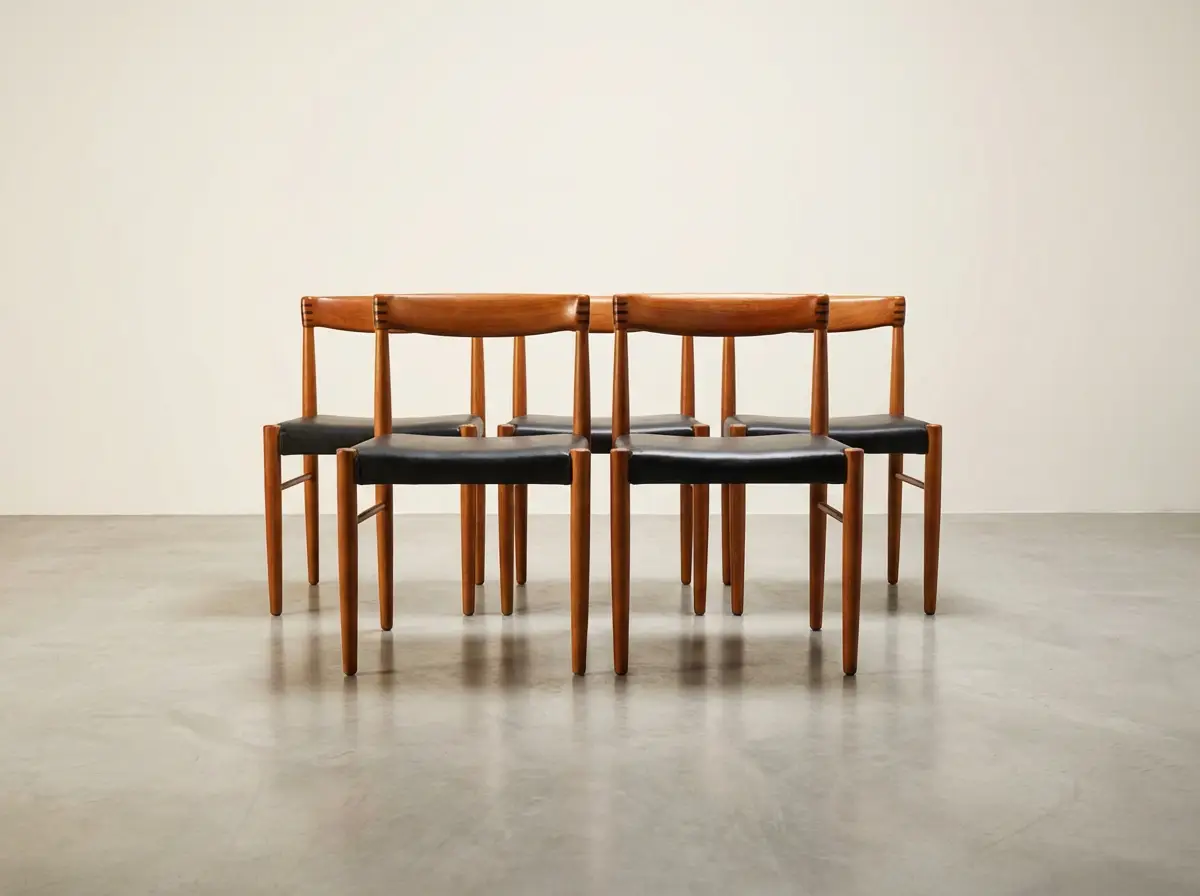 Vier dänische Mid-Century Esszimmerstühle aus Teakholz mit schwarzen Ledersitzen, symmetrisch aufgereiht vor einer weißen Wand auf Betonboden